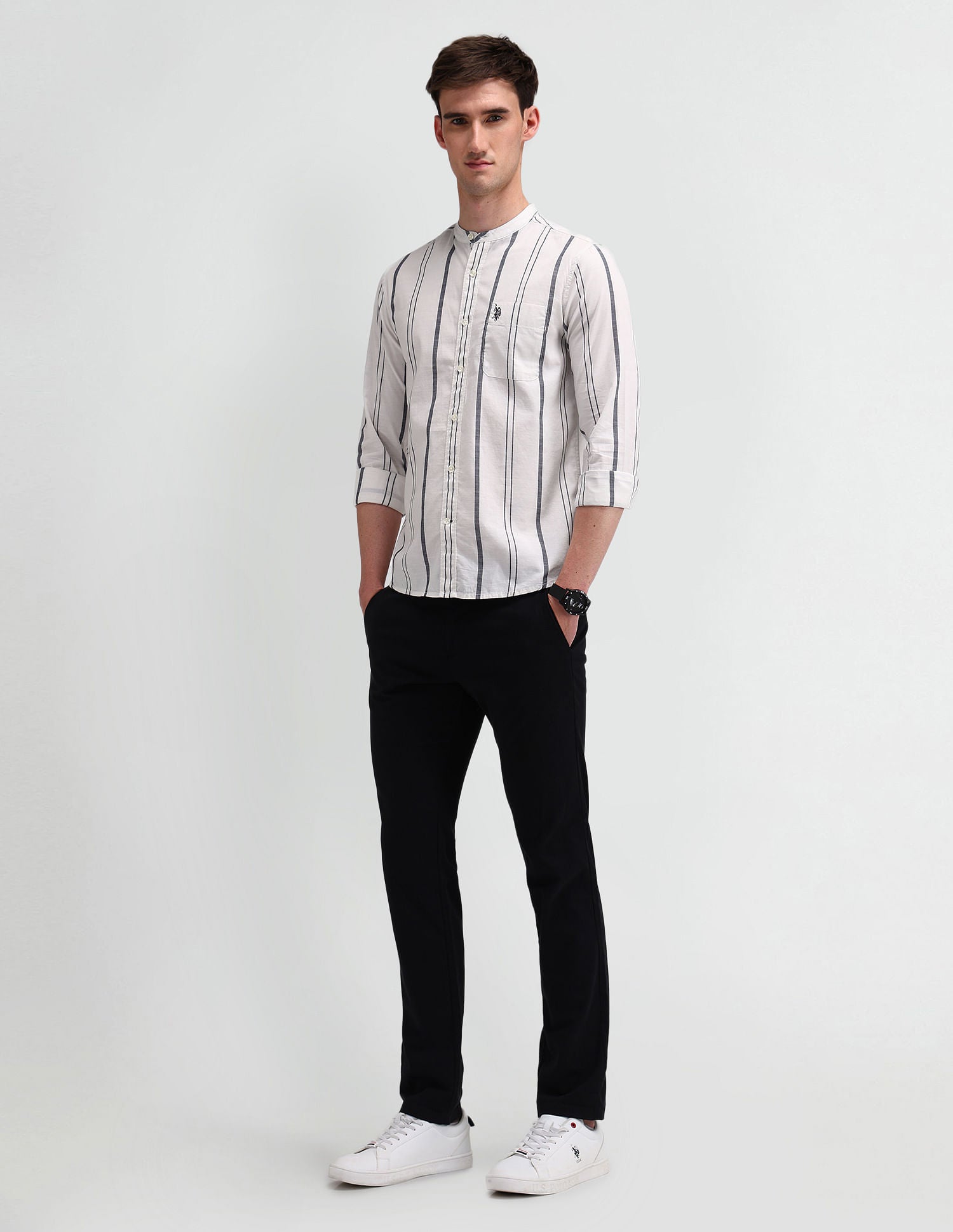 Slim Fit Vertical Striped Shirt Light-Grey - U.S. Polo Assn. India | Large