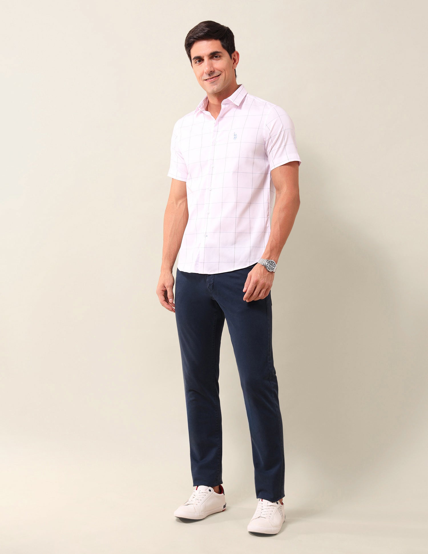 Windowpane Checked Tailored Fit Shirt Light Pink - U.S. Polo Assn. India | Large