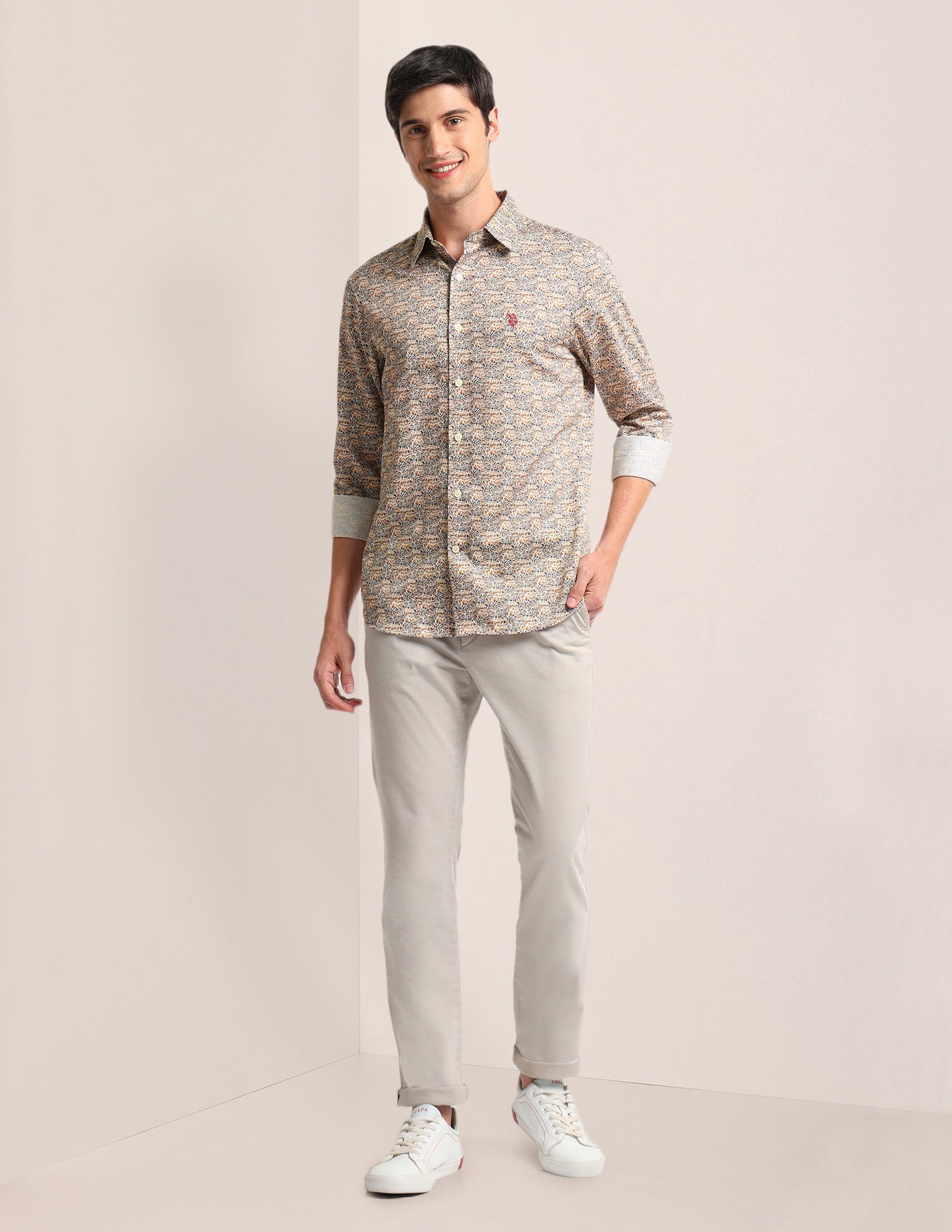 Abstract Print Sateen Shirt Khaki - U.S. POLO ASSN. | Large