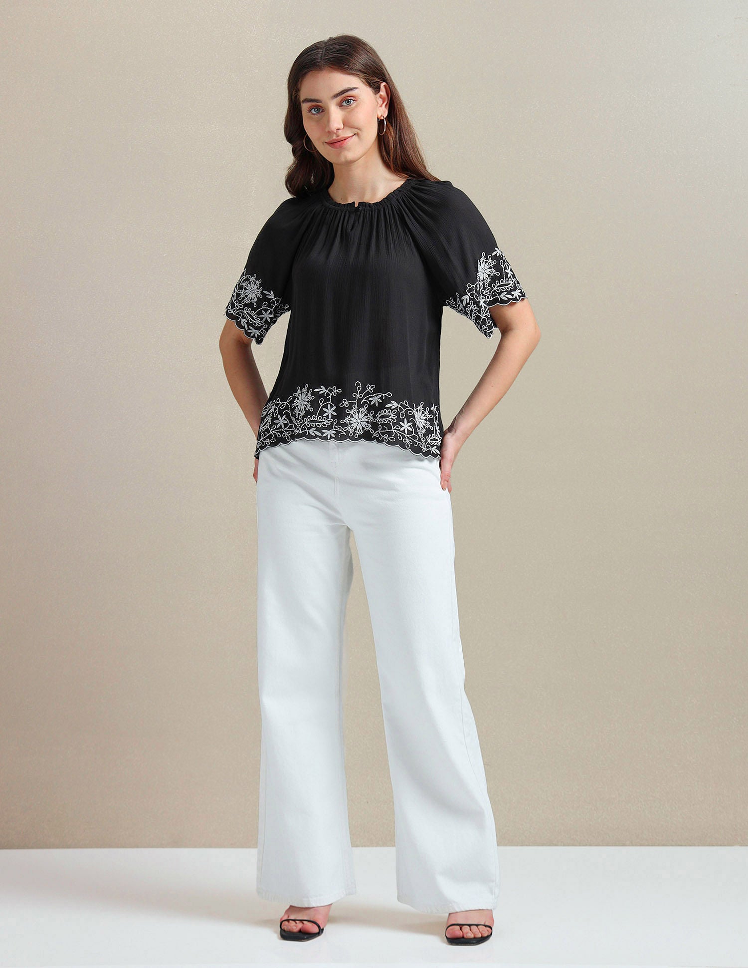 Crinkle Viscose Embroidered Top Black - U.S. Polo Assn. India | Large