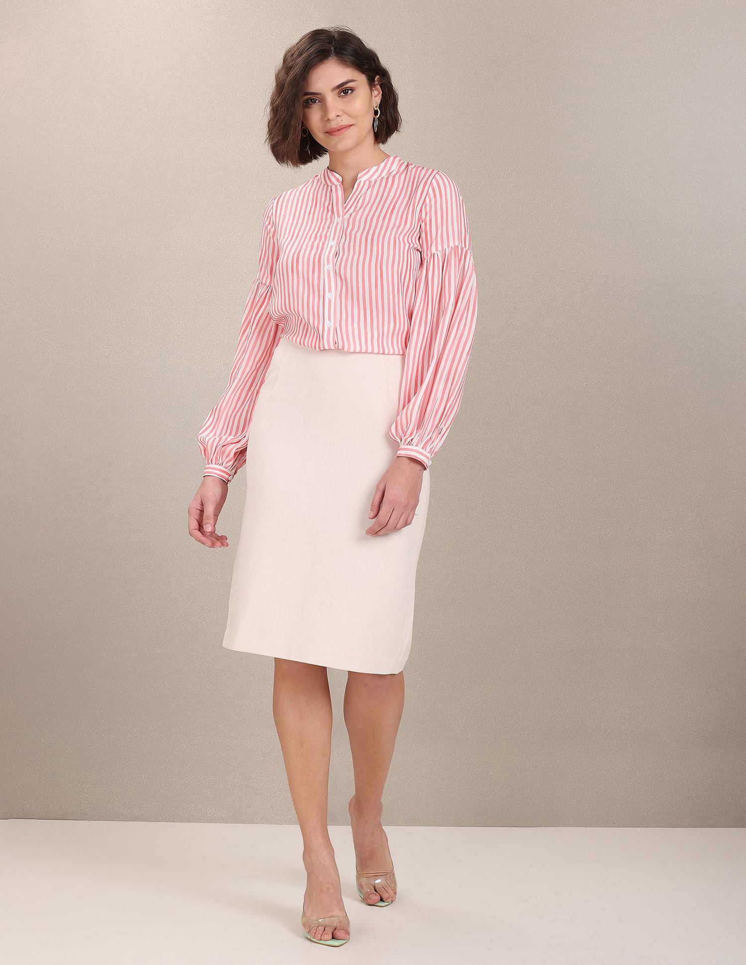 Mandarin Collar Vertical Striped Evening Top White and Pink - U.S. POLO ASSN. | Large