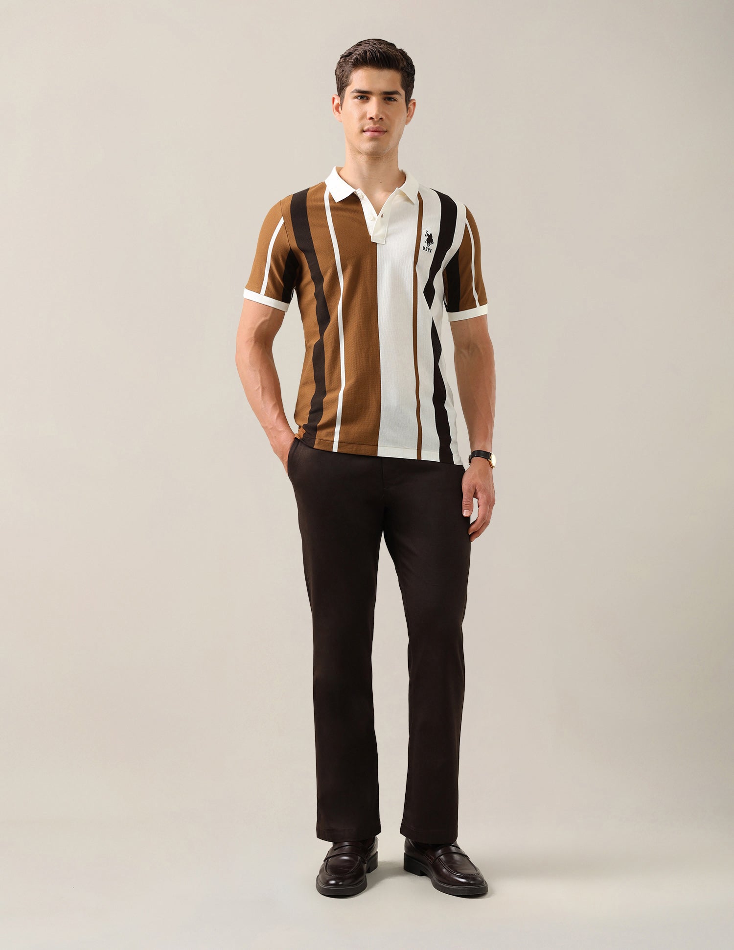 Vertical Striped Slim Fit Polo Shirt Brown - U.S. Polo Assn. India | Large