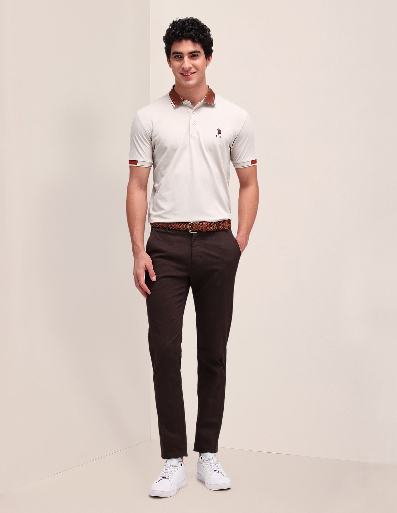 Solid Slim Fit Polo Shirt Beige - U.S. Polo Assn. India | Large