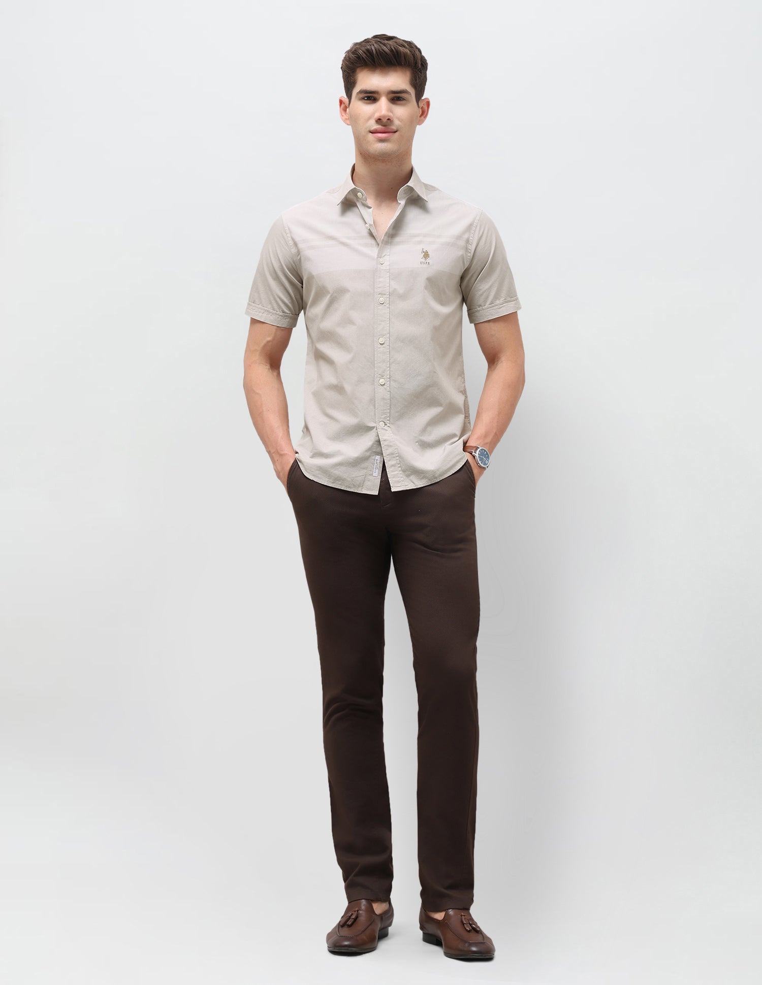 Solid Striped Detail Regular Fit Shirt Beige - U.S. Polo Assn. India | Large