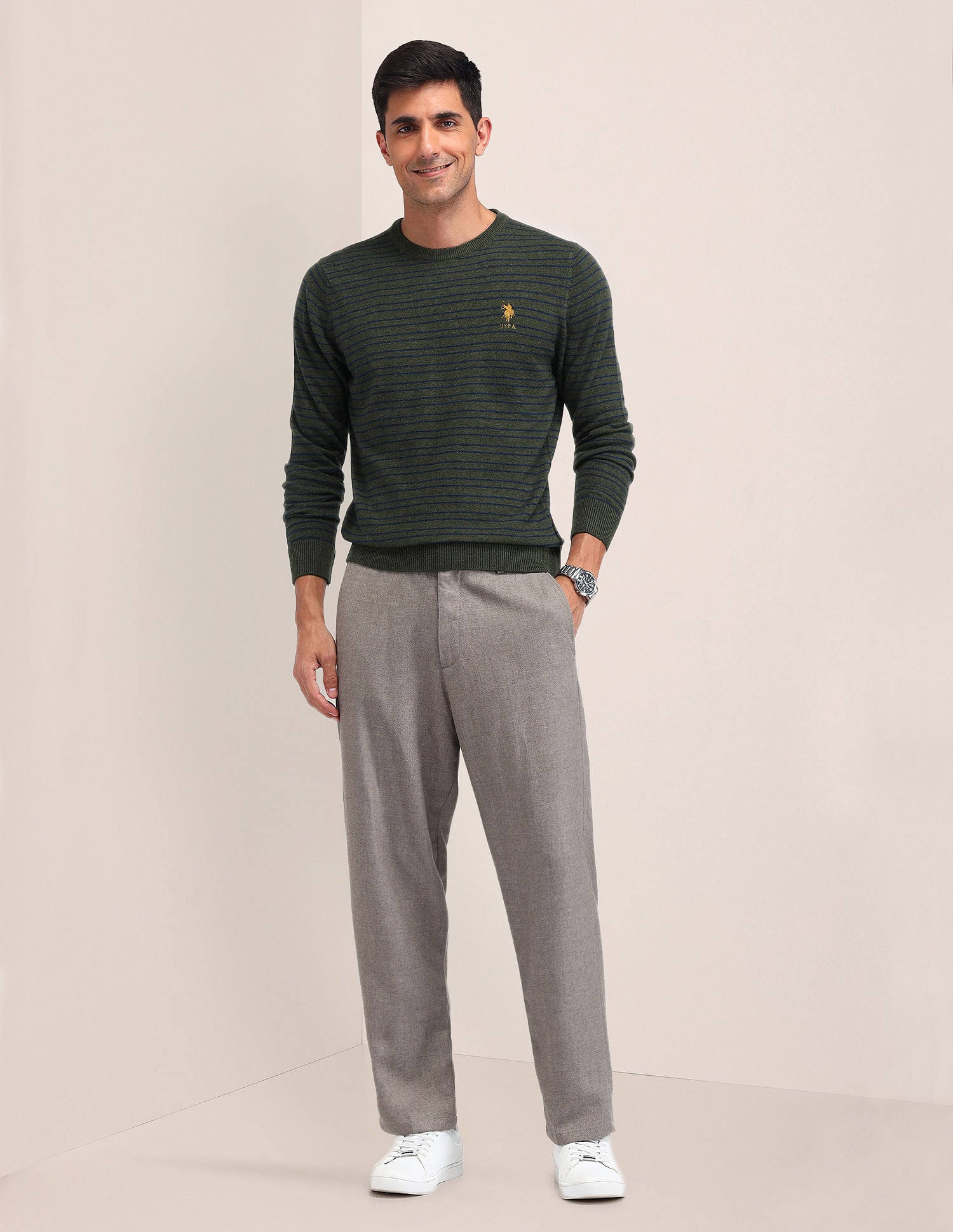 Regular Fit Striped Sweater Green - U.S. Polo Assn. India | Large