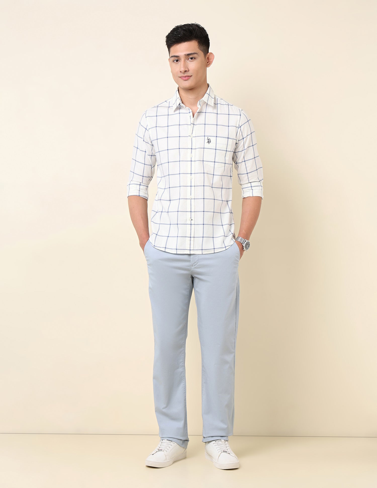 Pure Cotton Windowpane Checked Shirt Navy - U.S. Polo Assn. India | Large