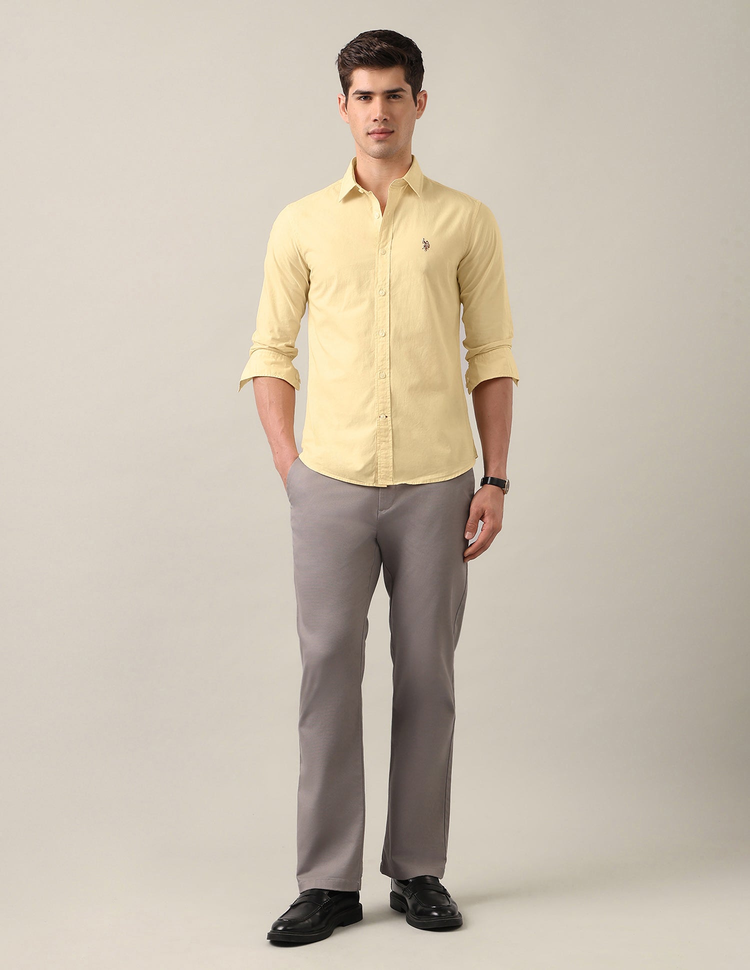 Tailored Fit Solid Shirt Light Yellow - U.S. Polo Assn. India | Large