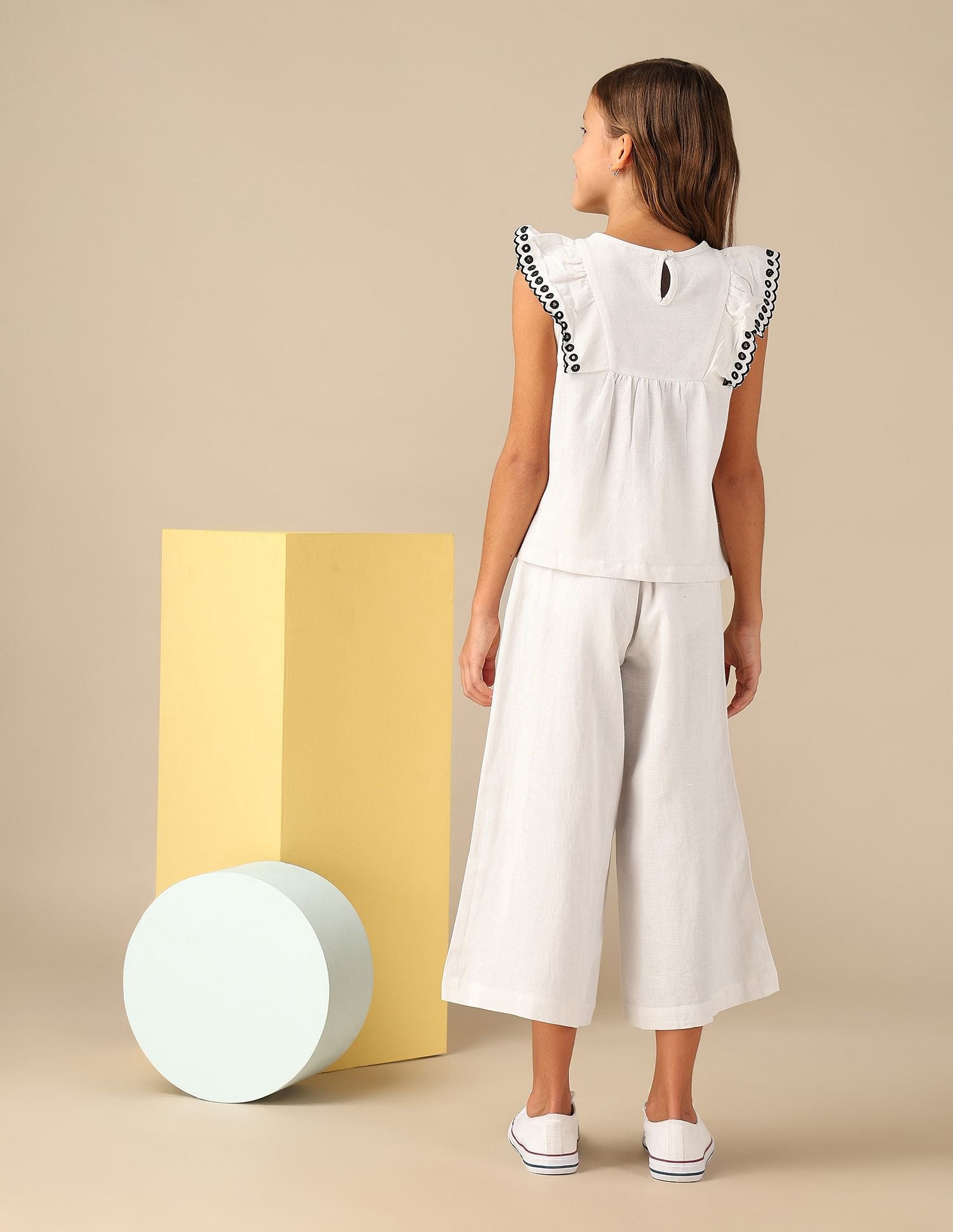 Girls Solid Embroidered Frill Top Ecru - U.S. POLO ASSN. | Large