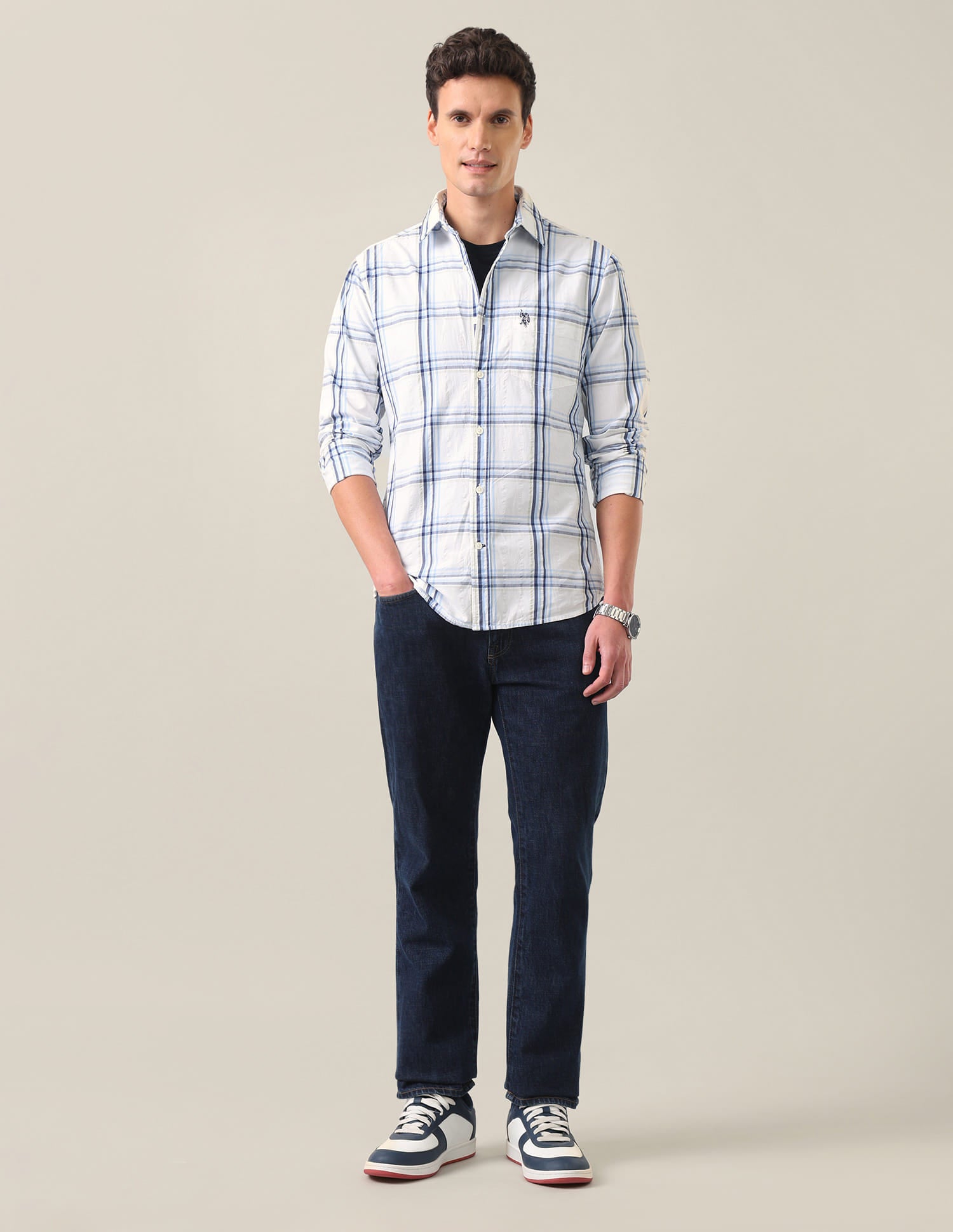 Plaid Checked Tailored Fit Shirt Blue - U.S. Polo Assn. India | Large