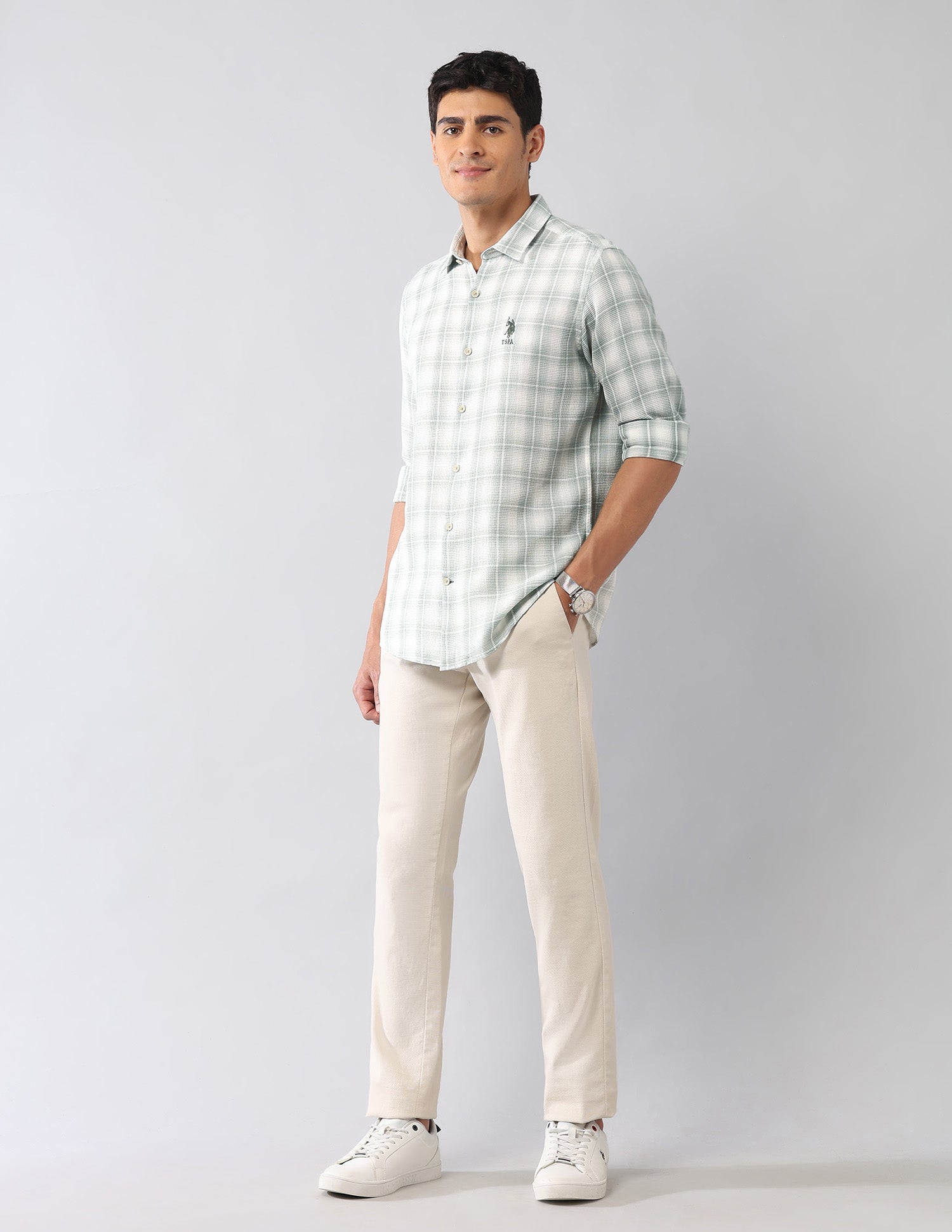 Tartan Checked Dobby Regular Fit Shirt Light Green - U.S. Polo Assn. India | Large