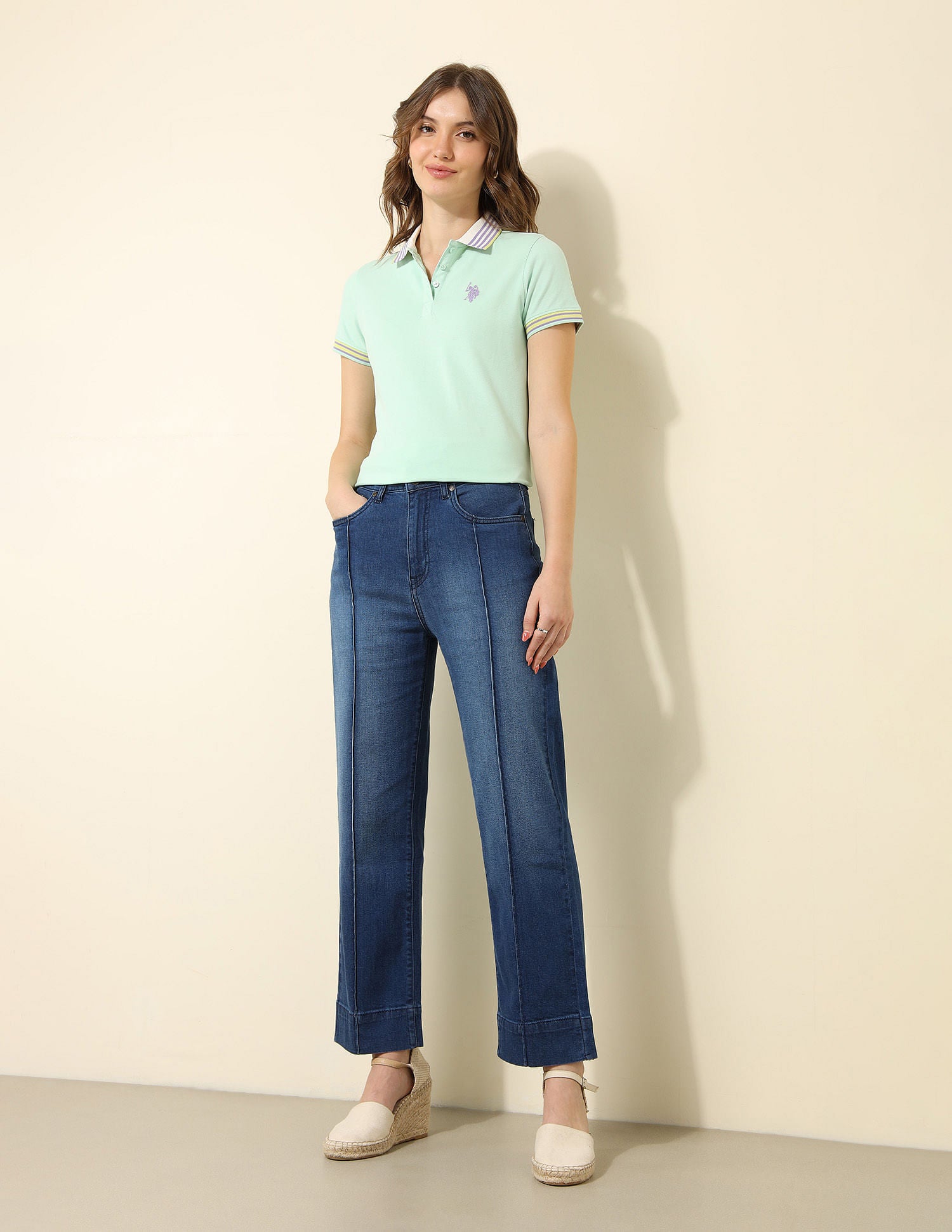 Pintucked High Rise Straight Fit Jeans Blue - U.S. Polo Assn. India | Large