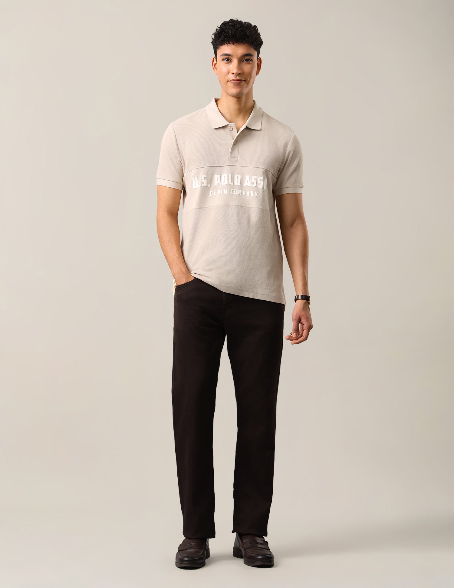 Brand Embossed Slim Fit Polo Shirt Beige - U.S. Polo Assn. India | Large