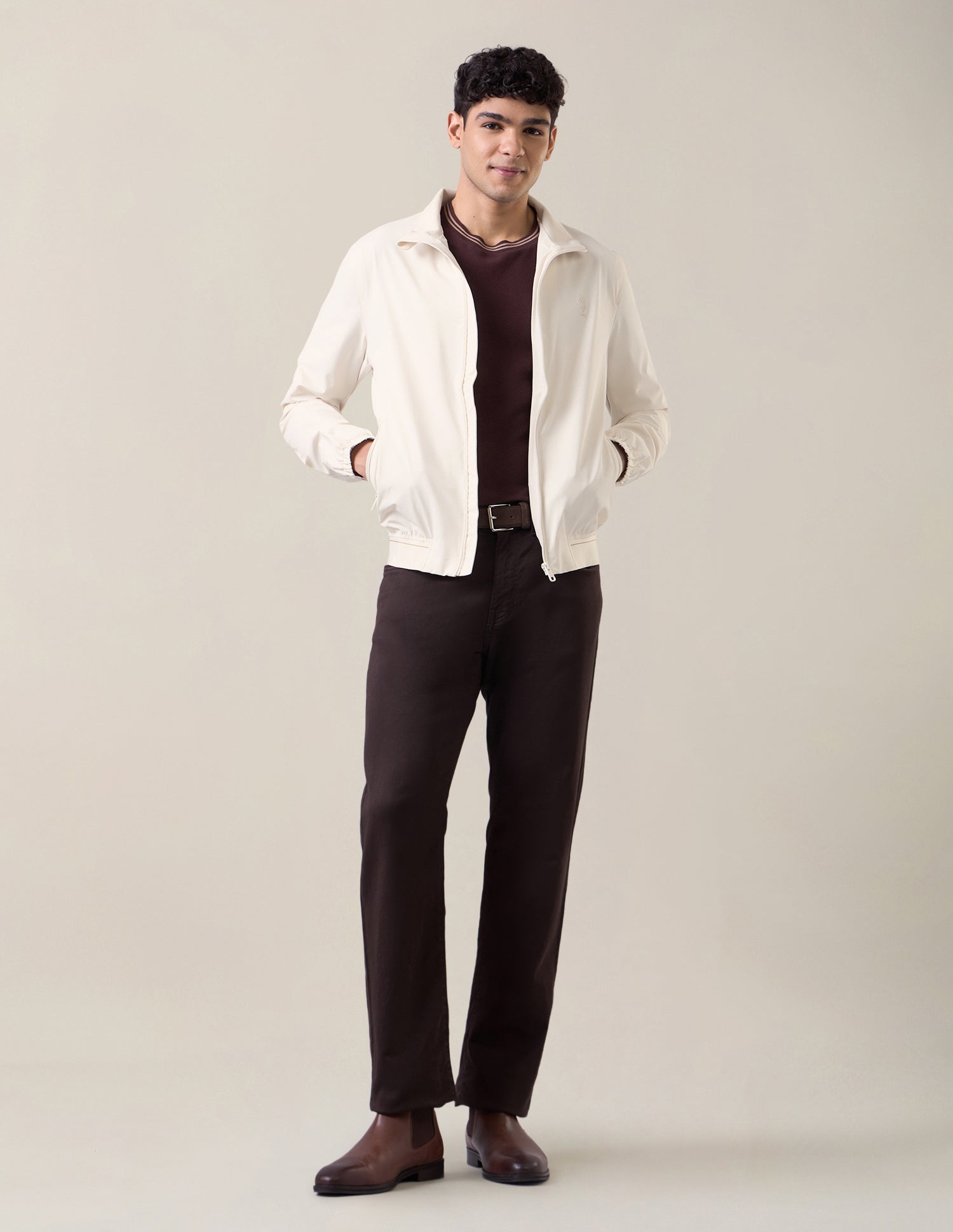 Solid Regular Fit Bomber Jacket Ecru - U.S. Polo Assn. India | Large