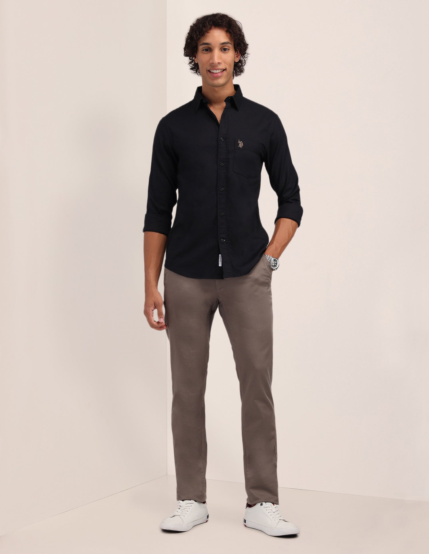 Solid Pattern Dobby Shirt Black - U.S. Polo Assn. India | Large