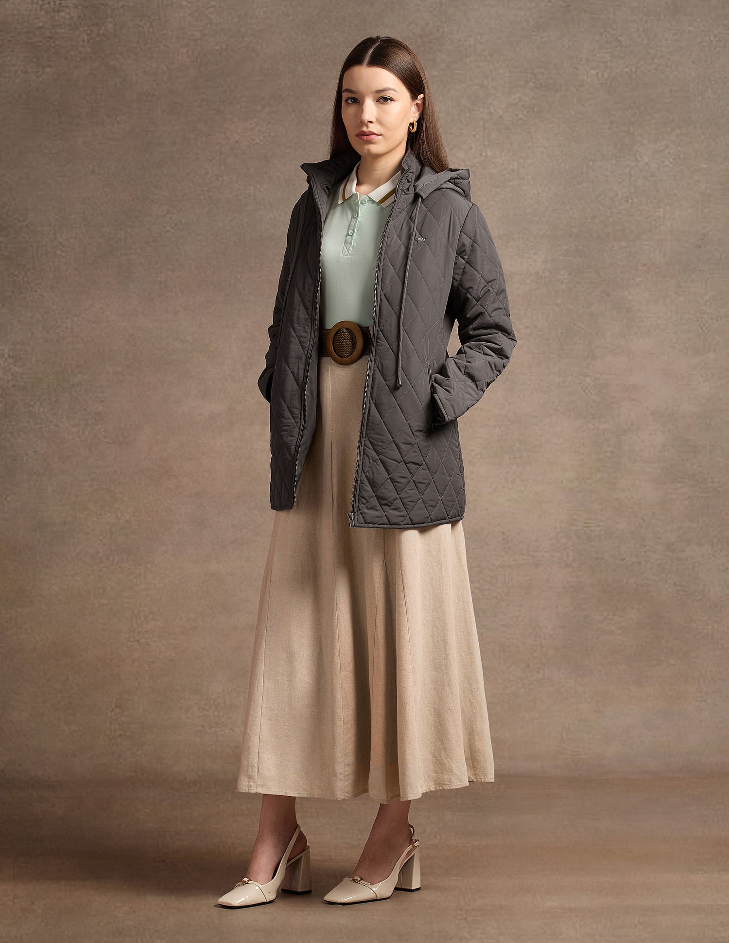 Hooded Longline Quilted Jacket Brown - U.S. POLO ASSN. | Large