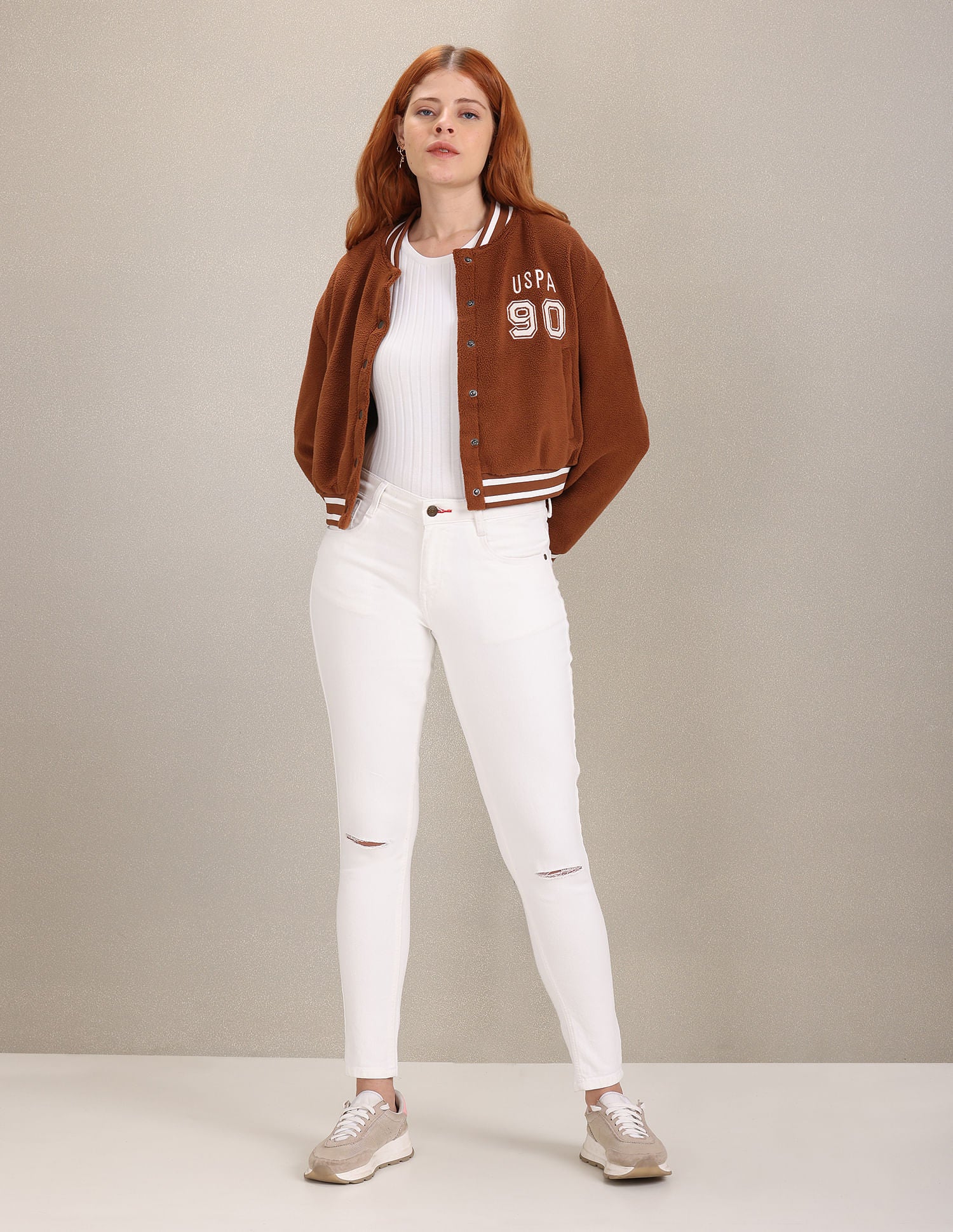 Solid Faux Fur Varsity Jacket Brown - U.S. POLO ASSN. | Large