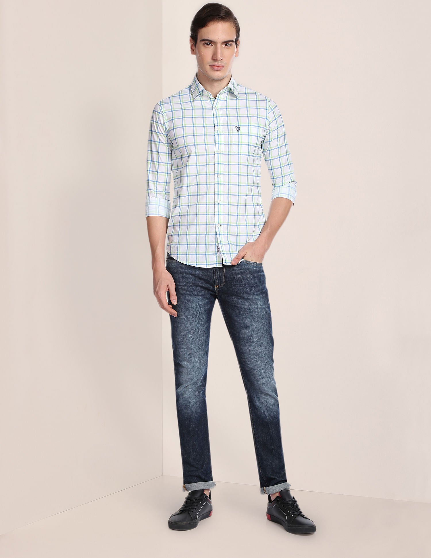 Cotton Tartan Check Shirt Light Green and Blue - U.S. POLO ASSN. | Large