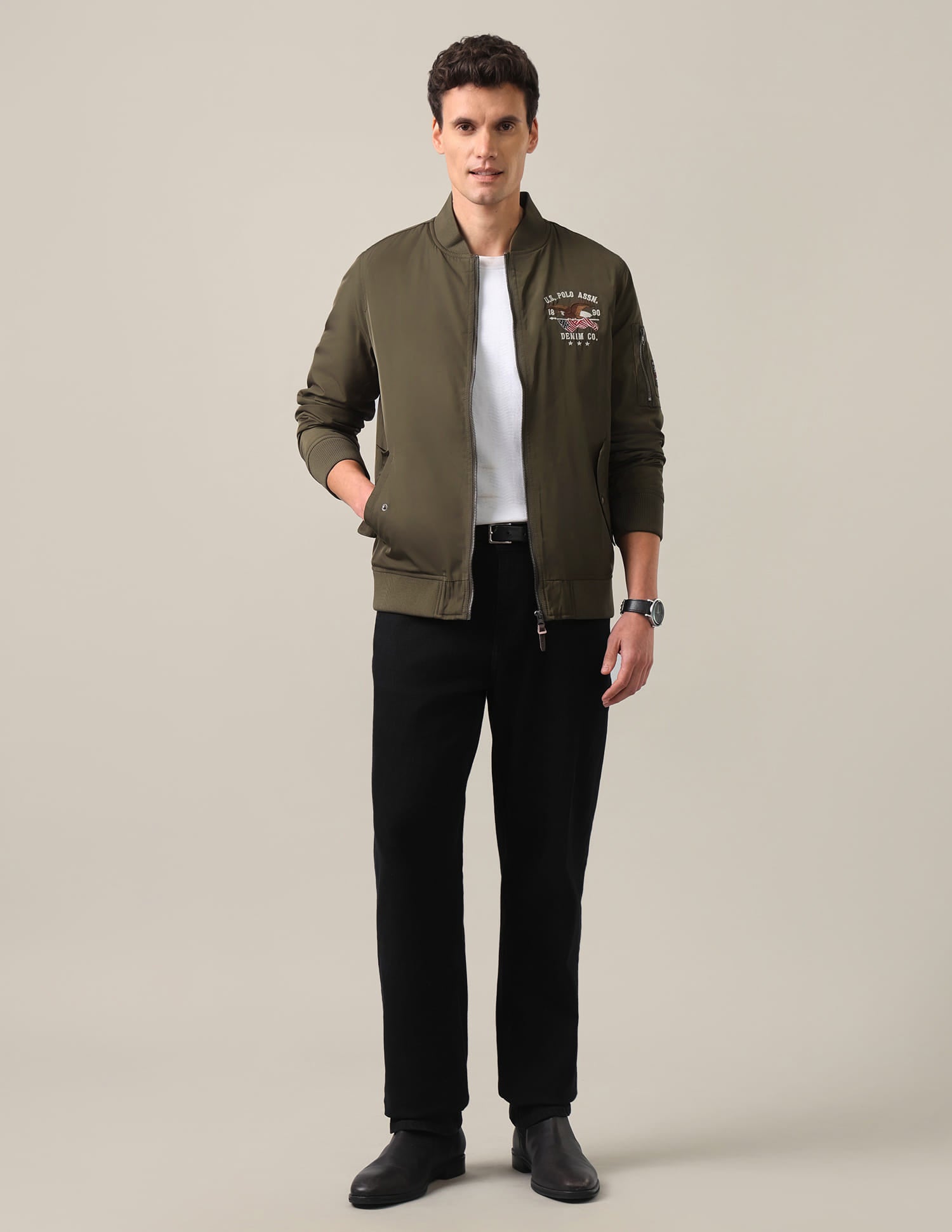Stand Collar Brand Embroidered Polyester Bomber Jacket Olive - U.S. Polo Assn. India | Large