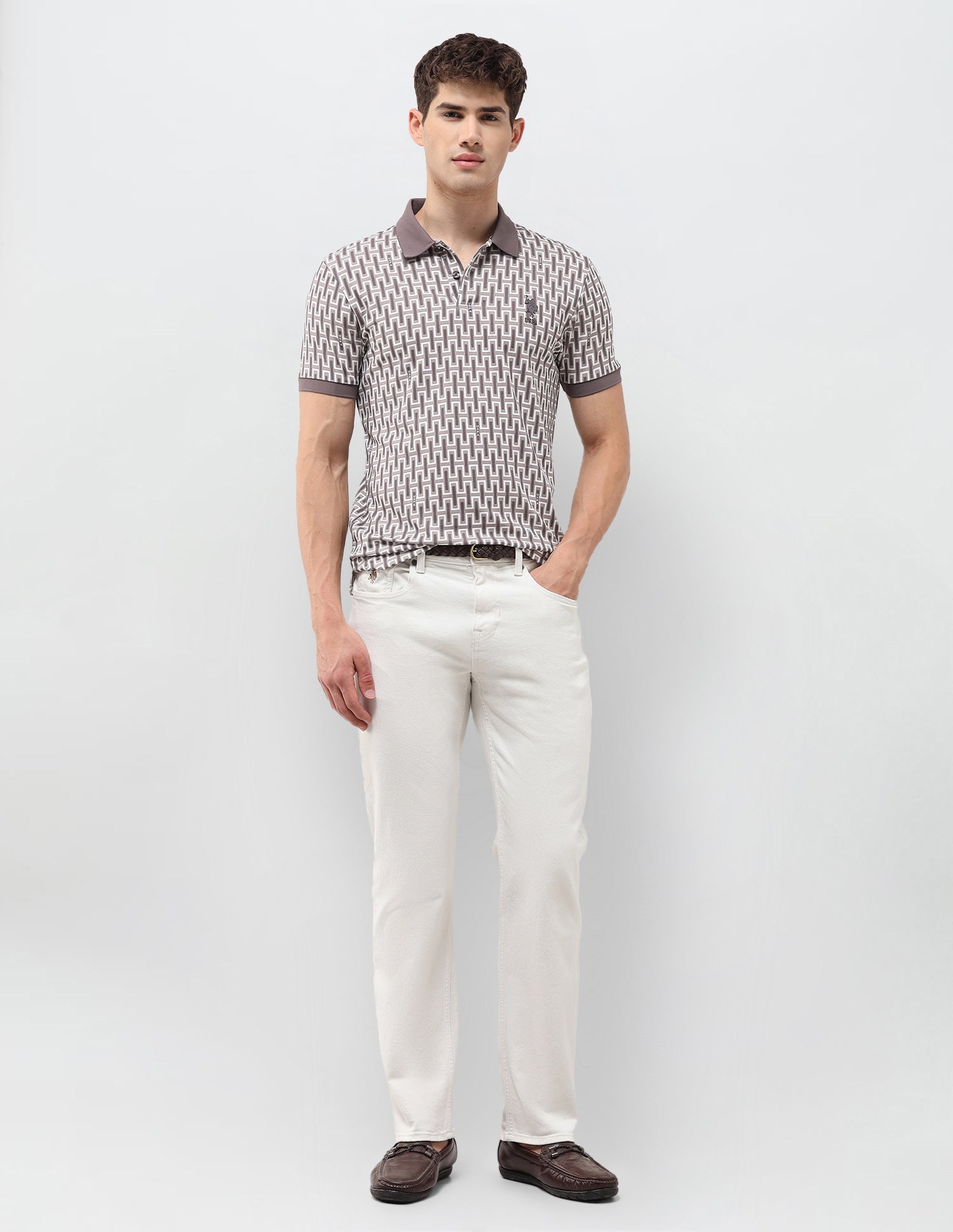 Geometric Printed Muscle Fit Polo Shirt Light Khaki - U.S. Polo Assn. India | Large