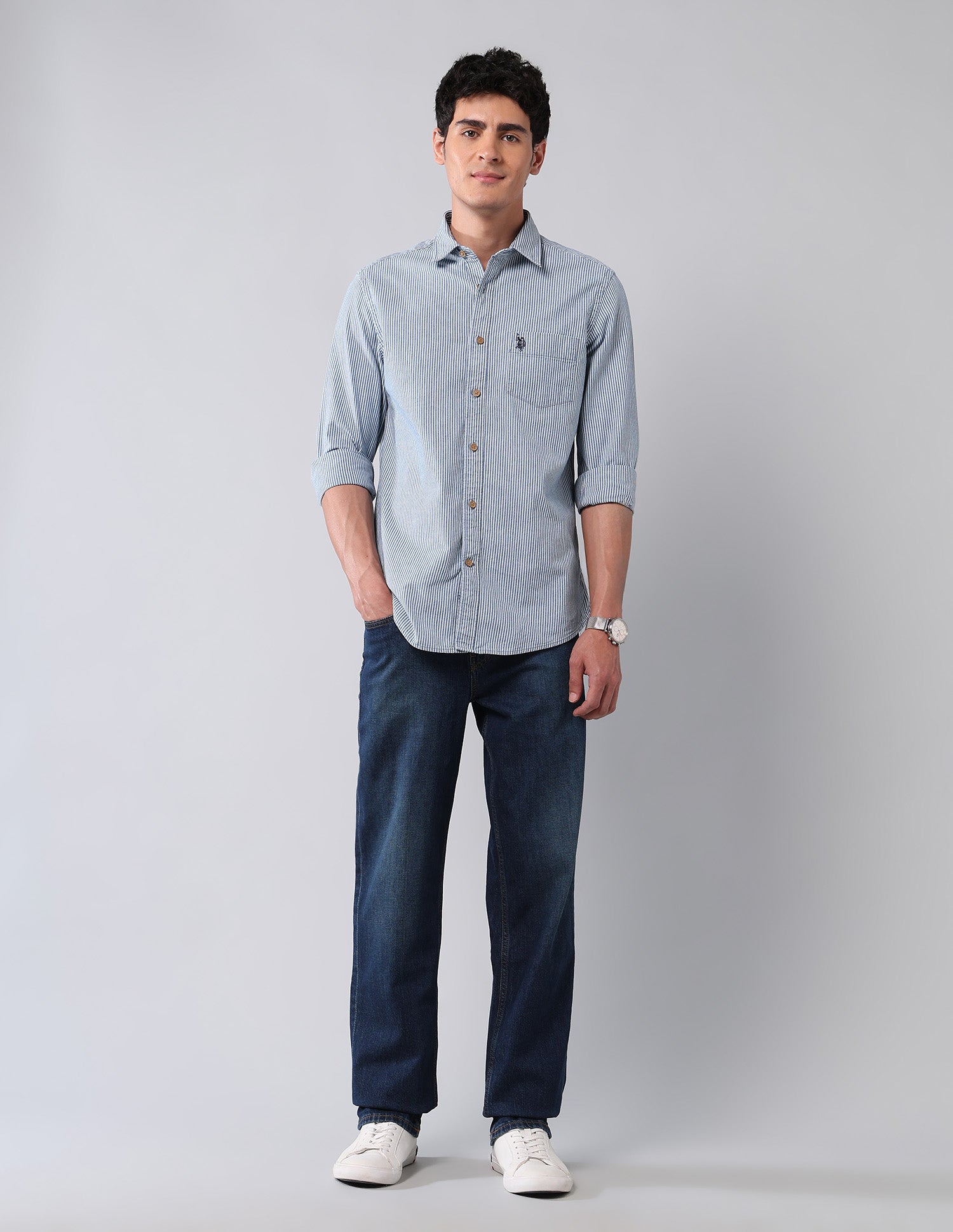 Vertical Striped Pure Cotton Shirt Indigo - U.S. Polo Assn. India | Large