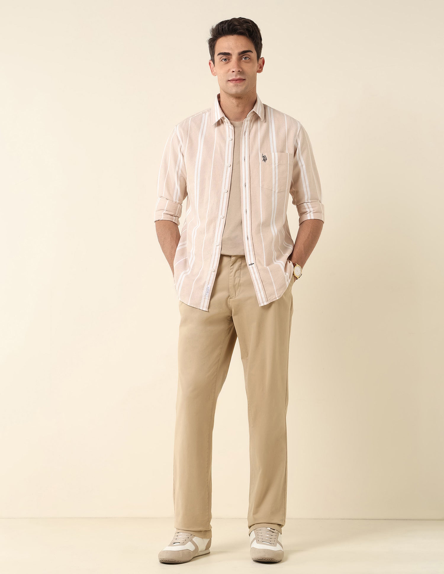 Vertical Striped Tailored Fit Shirt Beige - U.S. Polo Assn. India | Large