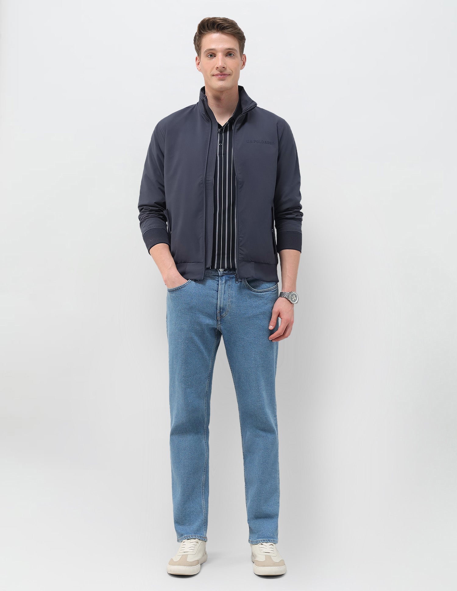Regular Fit Solid Casual Jacket Dark Blue - U.S. Polo Assn. India | Large