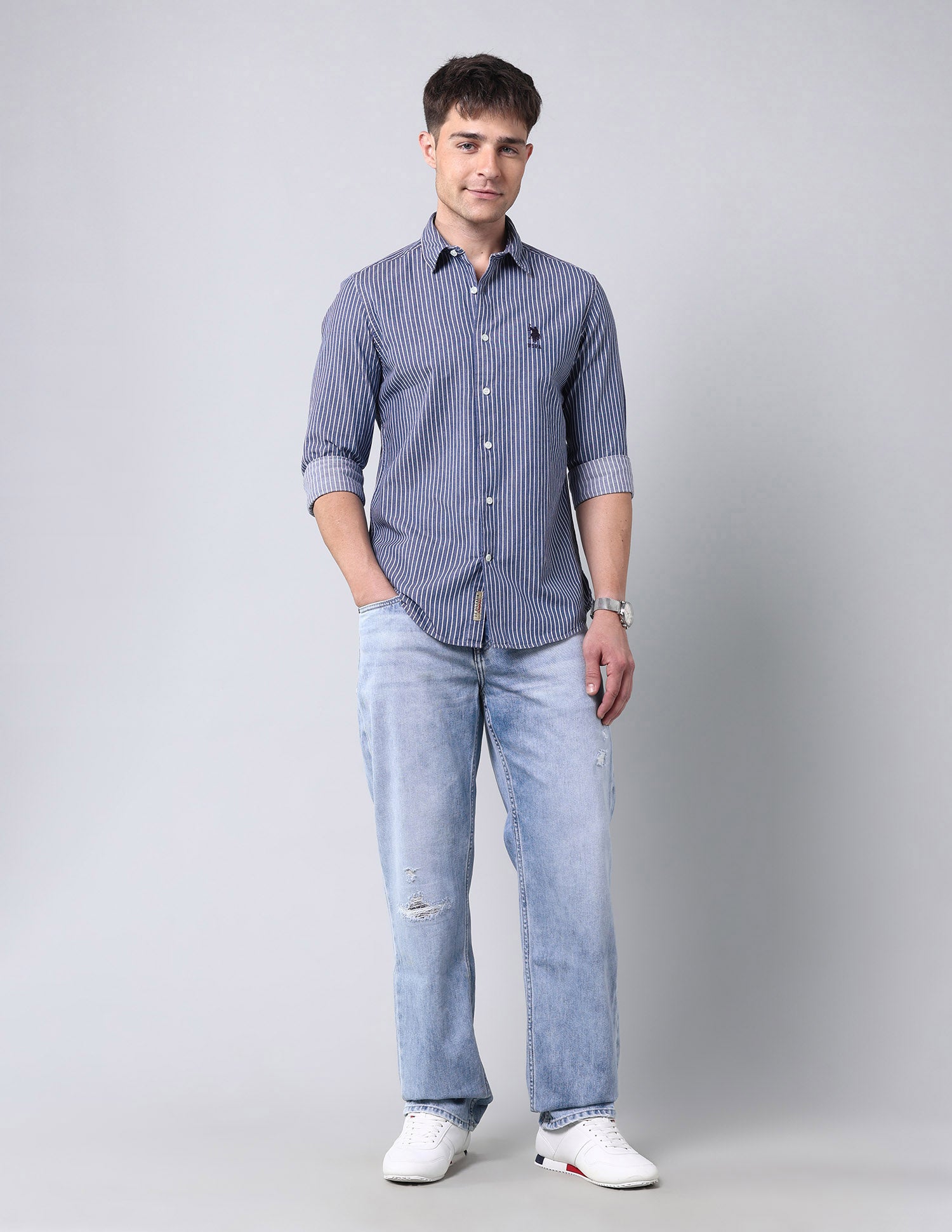 Vertical Striped Pure Cotton Shirt Indigo - U.S. Polo Assn. India | Large