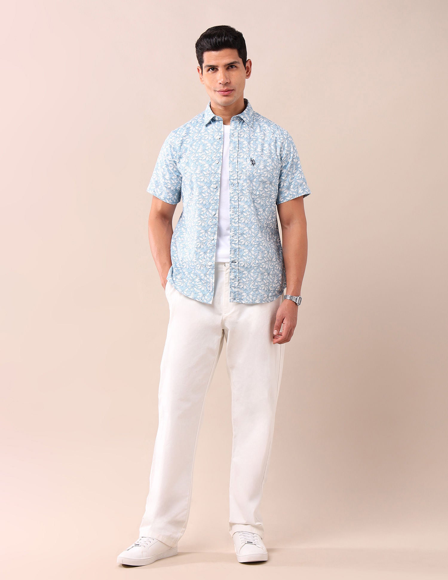 Tailored Fit Printed Shirt Light Blue - U.S. Polo Assn. India | Large