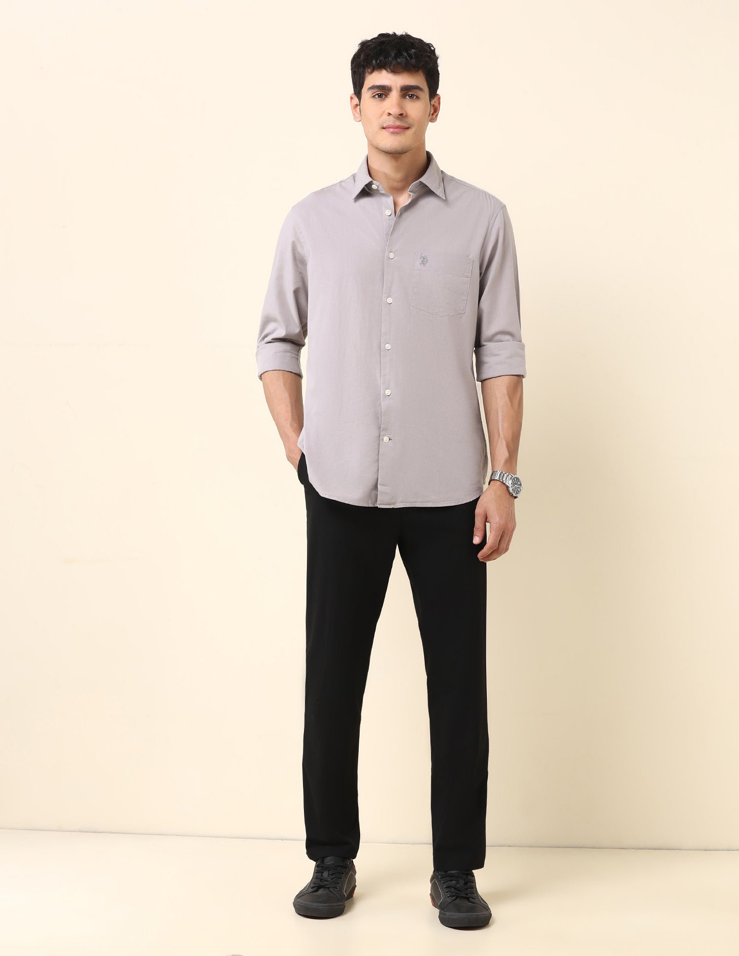Solid Twill Tailored Fit Shirt Light Grey - U.S. Polo Assn. India | Large