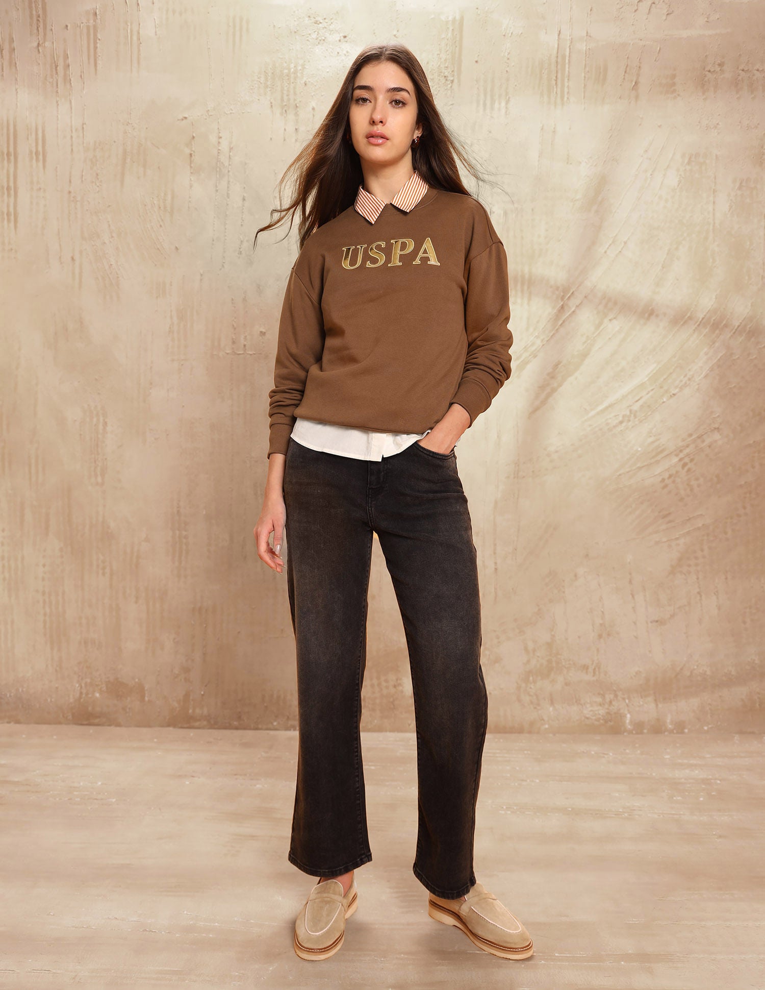 Brand Printed Loose Fit Sweatshirt Brown - U.S. POLO ASSN. | Large