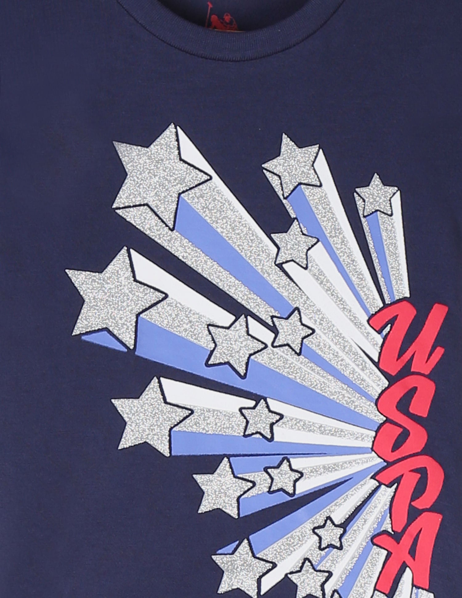 Girls Blue Glittery Print Crew Neck T-Shirt Navy - U.S. POLO ASSN. | Large
