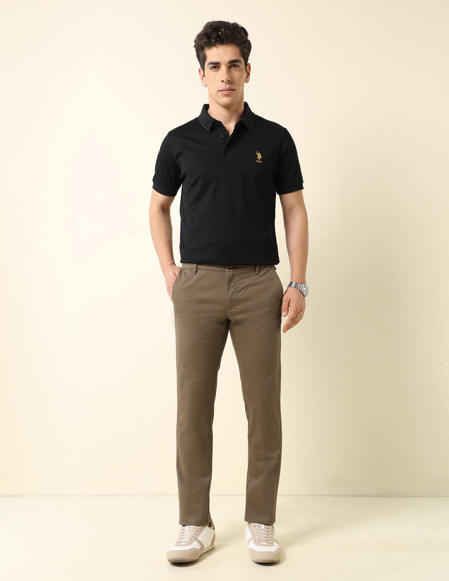 Denver Slim Fit Satin Print Trousers Brown - U.S. Polo Assn. India | Large