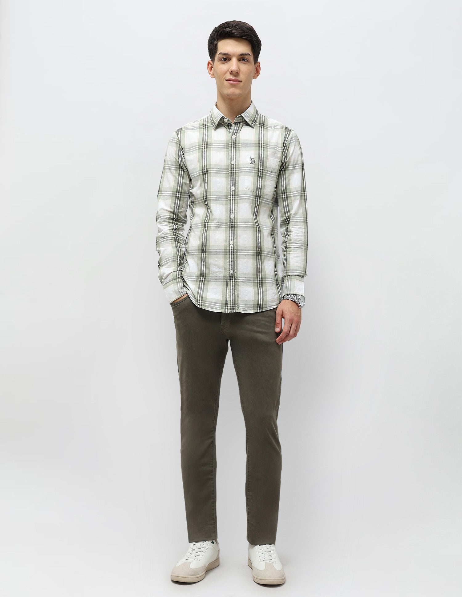 Tartan Checked Seersucker Shirt Light Olive - U.S. Polo Assn. India | Large