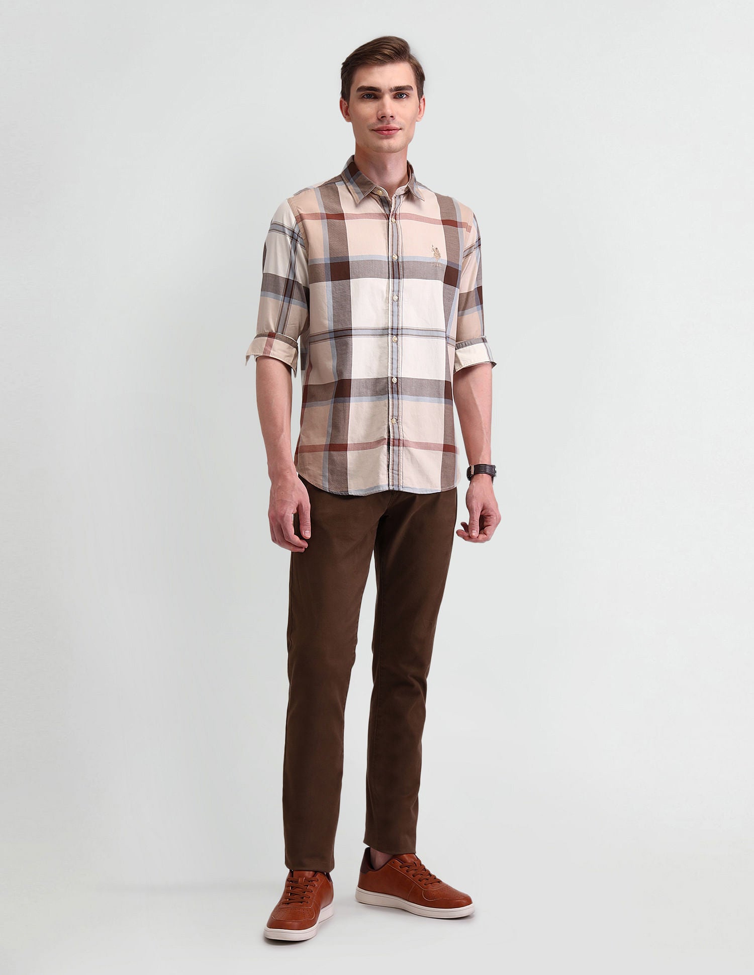 Grid Tattersall Checked Slim Fit Shirt Beige - U.S. Polo Assn. India | Large
