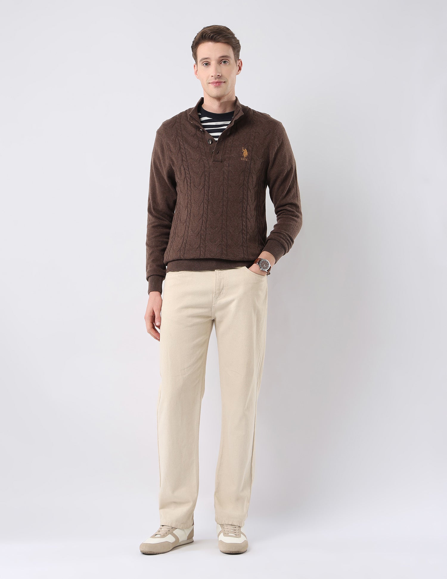 Cable Patterned Knit Regular Fit Sweater Brown - U.S. POLO ASSN. | Large
