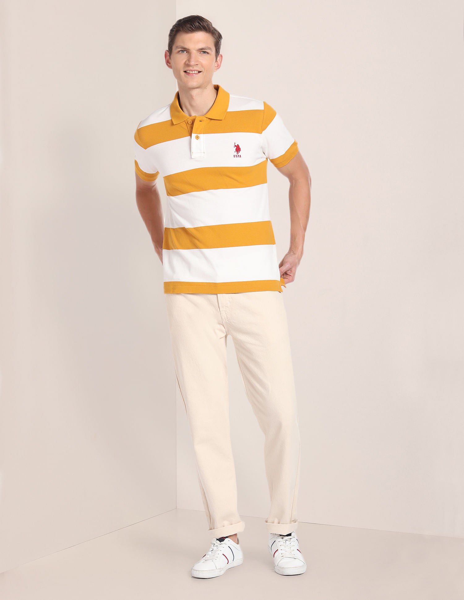 Horizontal Stripe Cotton Polo Shirt Mustard and Off White - U.S. POLO ASSN. | Large