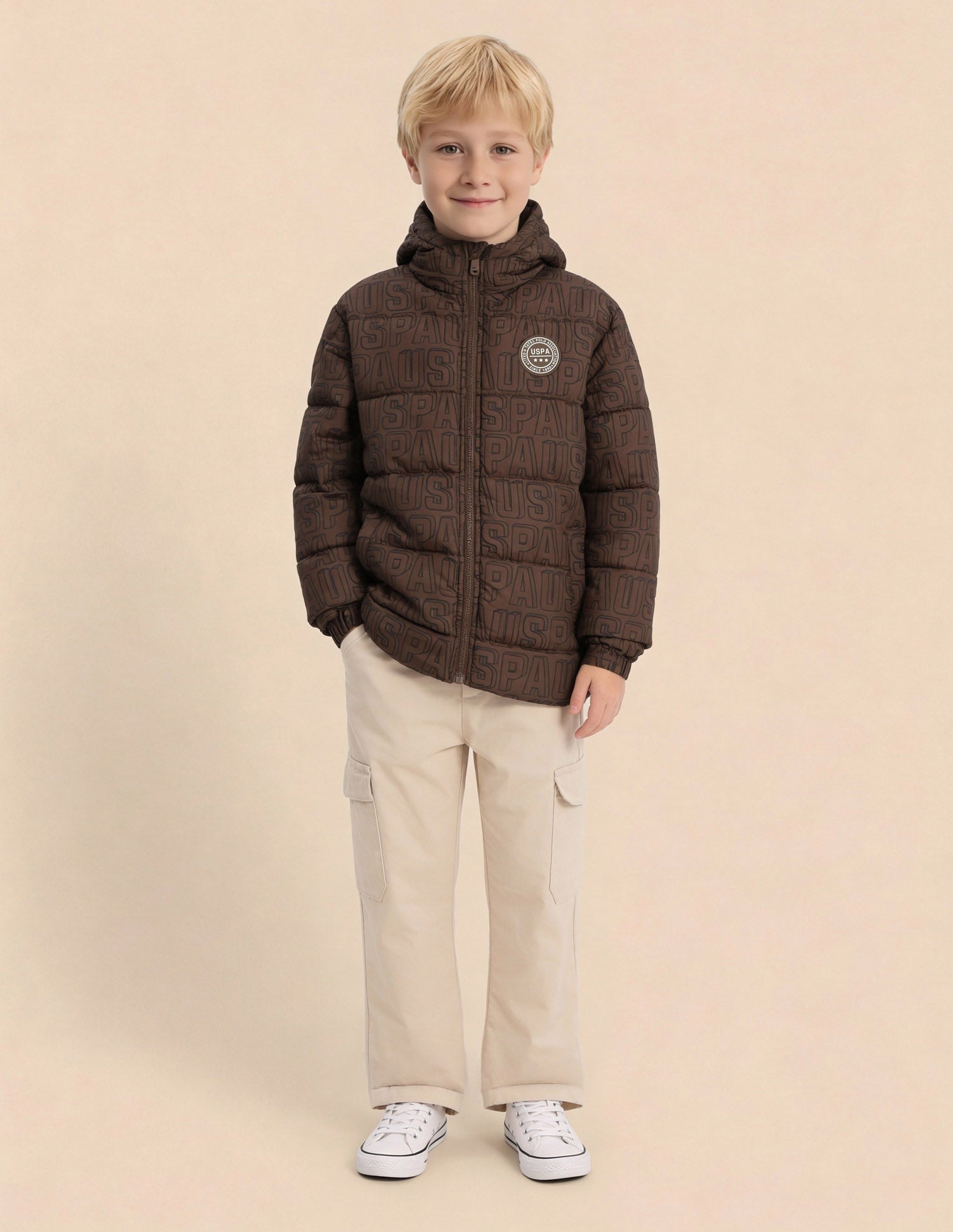 Boys Brand Printed Puffer Jacket Brown - U.S. Polo Assn. India | Large