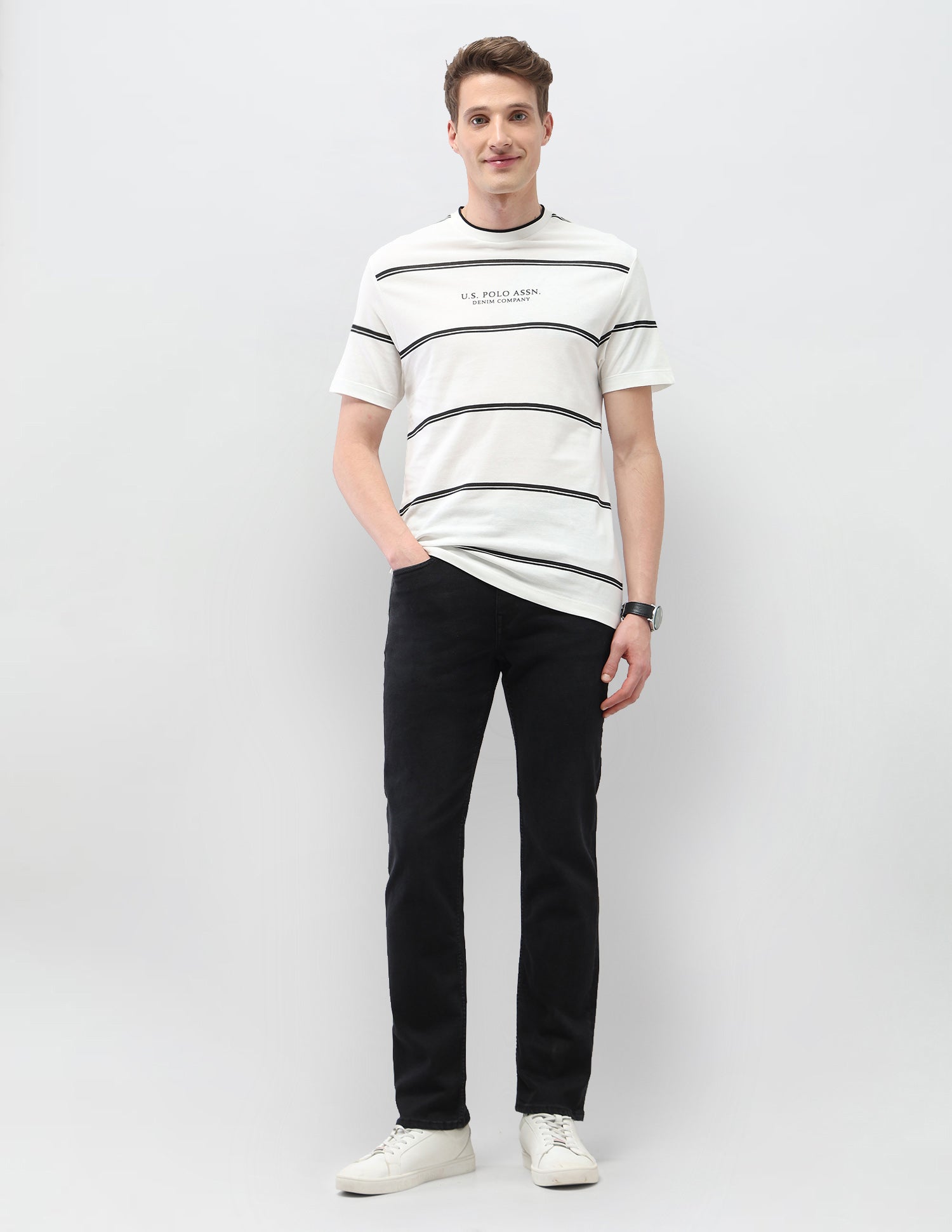 Horizontal Striped Slim Fit Black & Gold T-Shirt Ivory - U.S. Polo Assn. India | Large