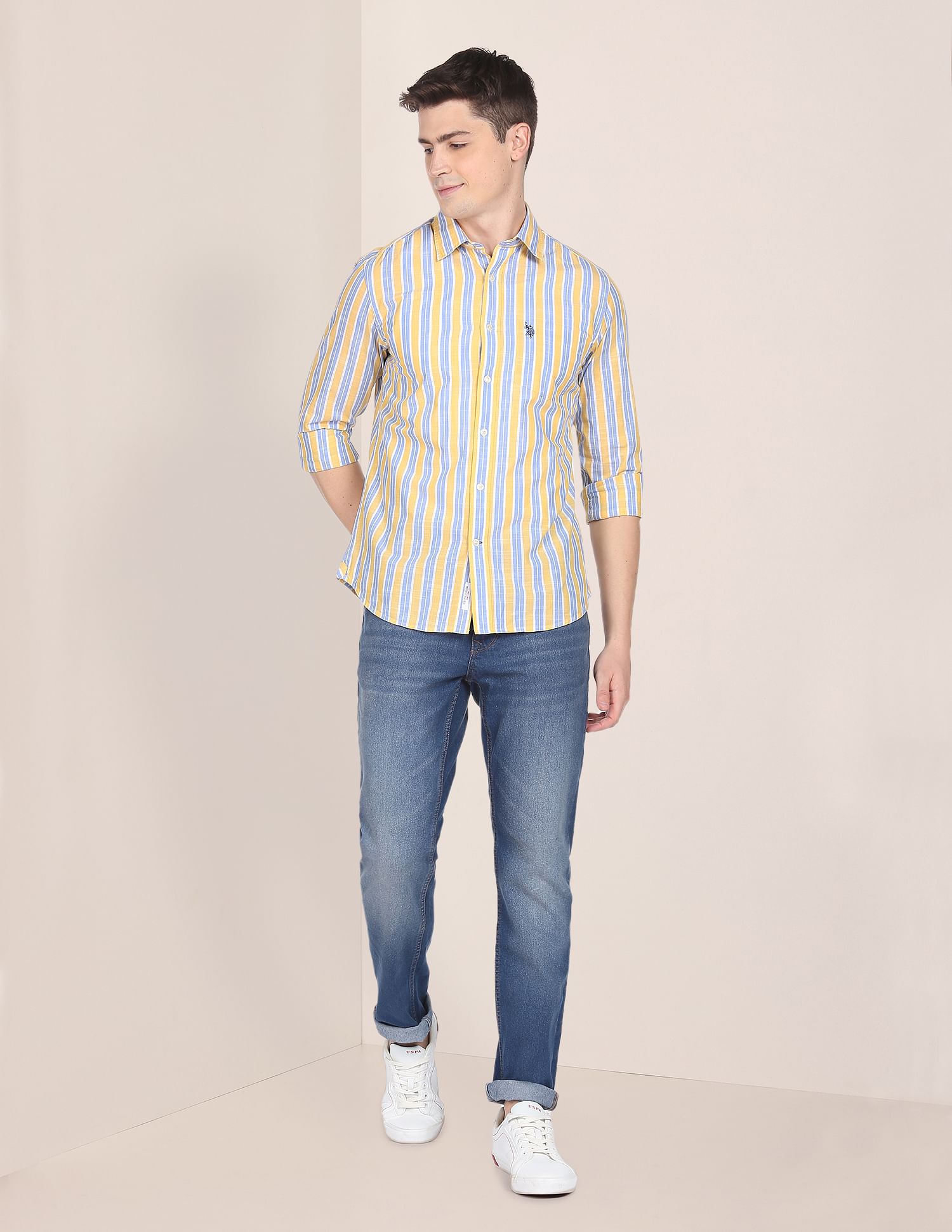 Men Yellow And Blue Vertical Stripe Cotton Casual Shirt Yellow and Blue - U.S. Polo Assn. India | Large