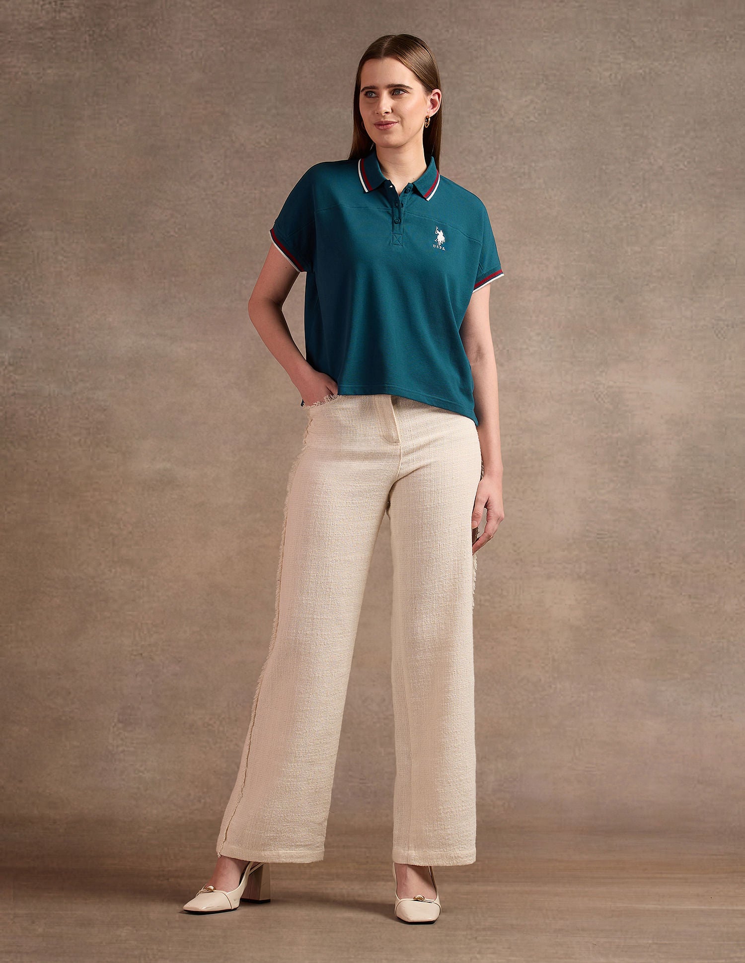 Tipped Collar Boxy Fit Polo Shirt Teal - U.S. POLO ASSN. | Large