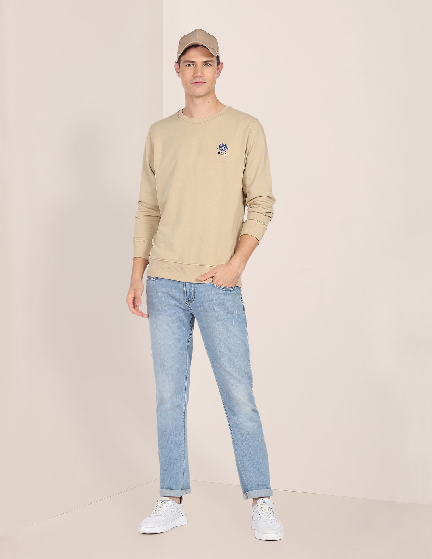 Men Beige Logo Embroidered Crew Neck Sweatshirt Beige - U.S. Polo Assn. India | Large