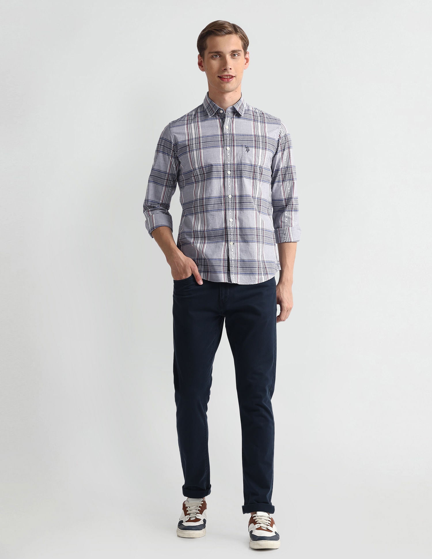 Tartan Check Striped Logo Shirt Grey - U.S. Polo Assn. India | Large