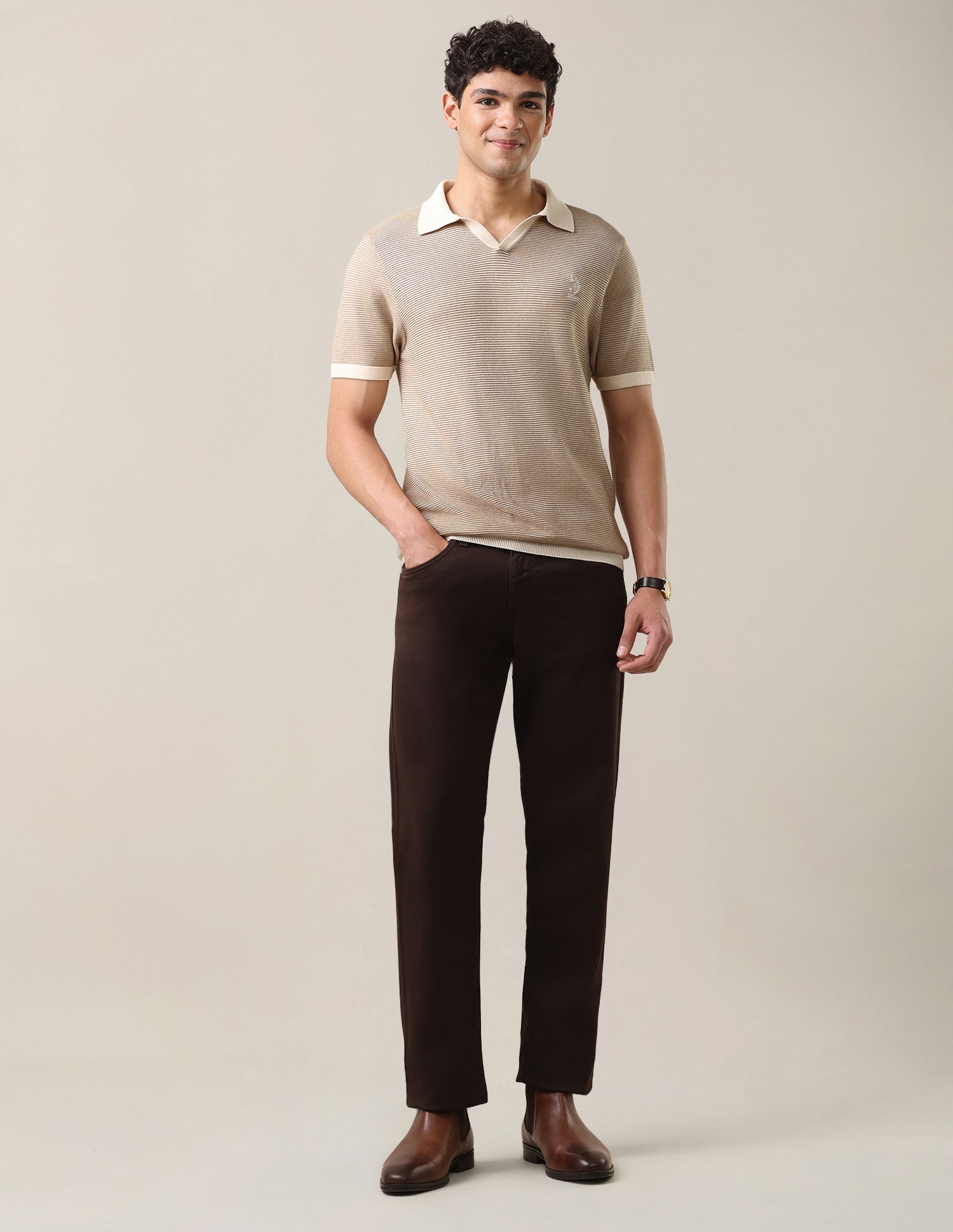 Horizontal Striped Patterned Slim Fit Polo Shirt Light Brown - U.S. Polo Assn. India | Large