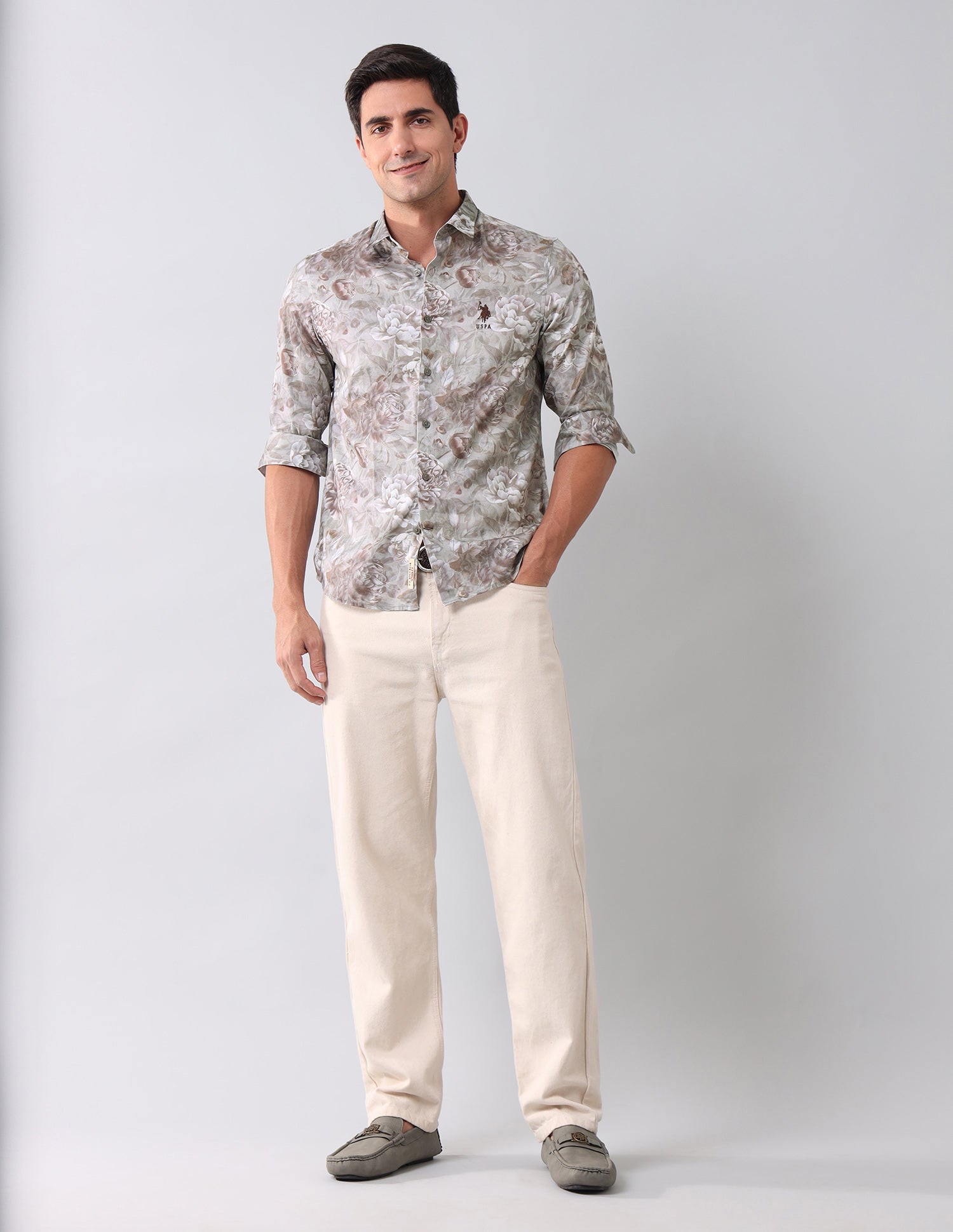 Regular Fit Floral Printed Shirt Light Grey - U.S. Polo Assn. India | Large
