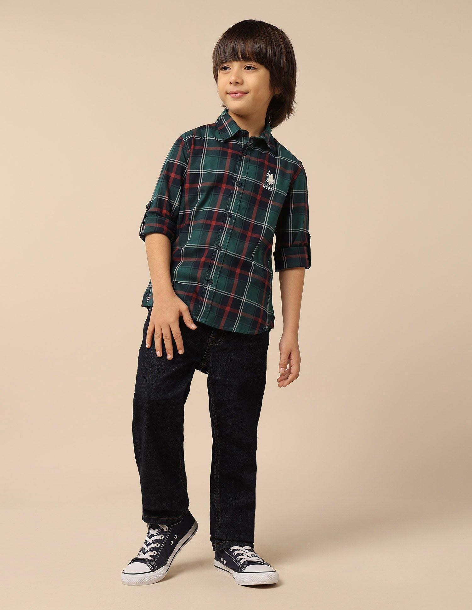 Boys Plaid Checked Twill Shirt Green - U.S. POLO ASSN. | Large