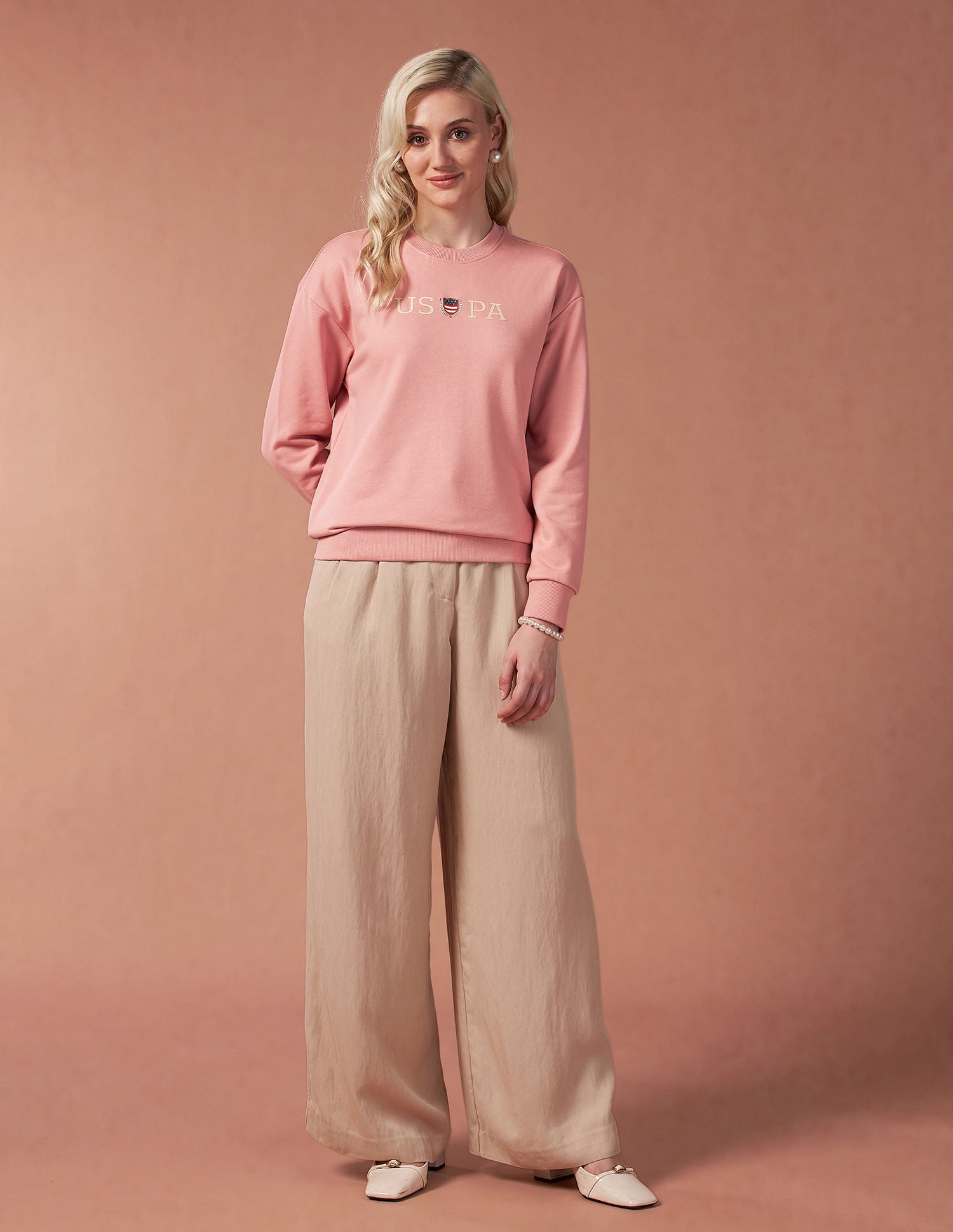 Drop Shoulder Glitter Print Sweatshirt Peach - U.S. POLO ASSN. | Large