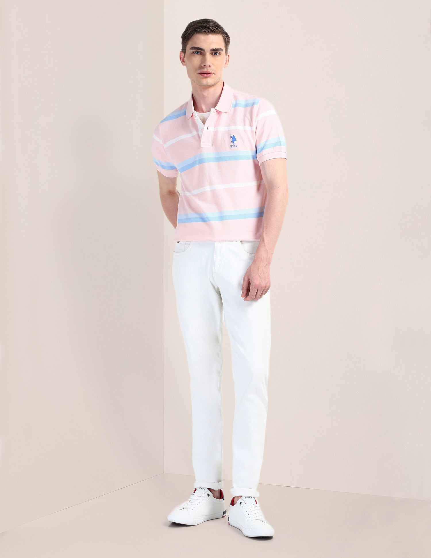Horizontal Striped Slim Fit Polo Shirt Light-Pink - U.S. Polo Assn. India | Large