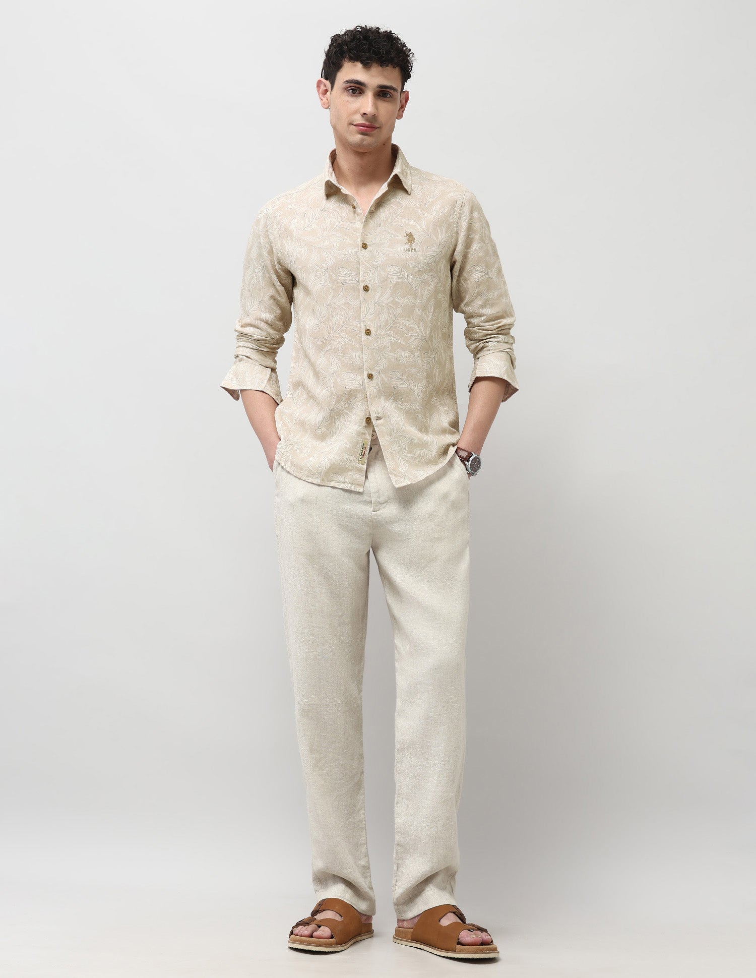Tropical Printed Regular Fit Shirt Beige - U.S. POLO ASSN. | Large