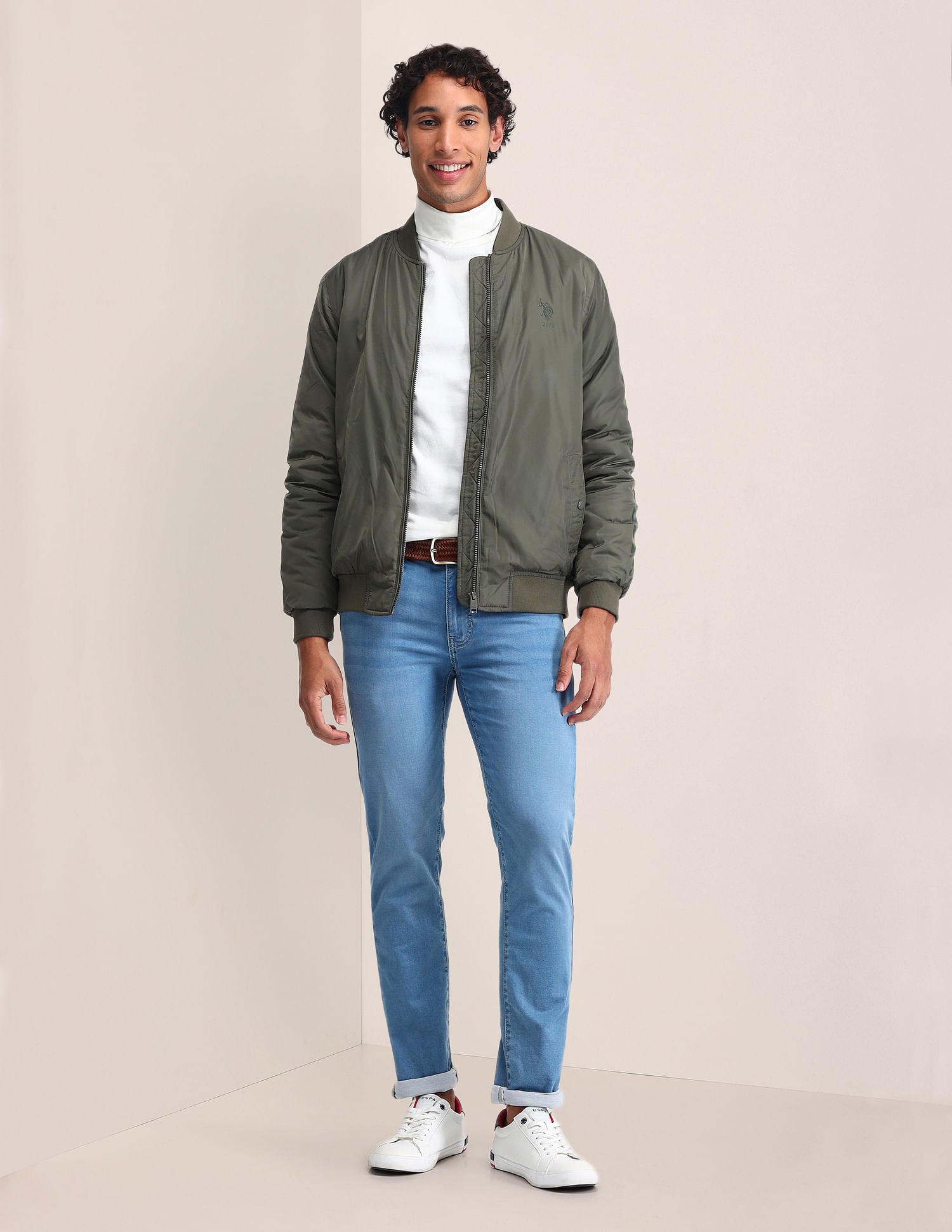 Regular Fit Solid Bomber Jacket Olive Green - U.S. Polo Assn. India | Large