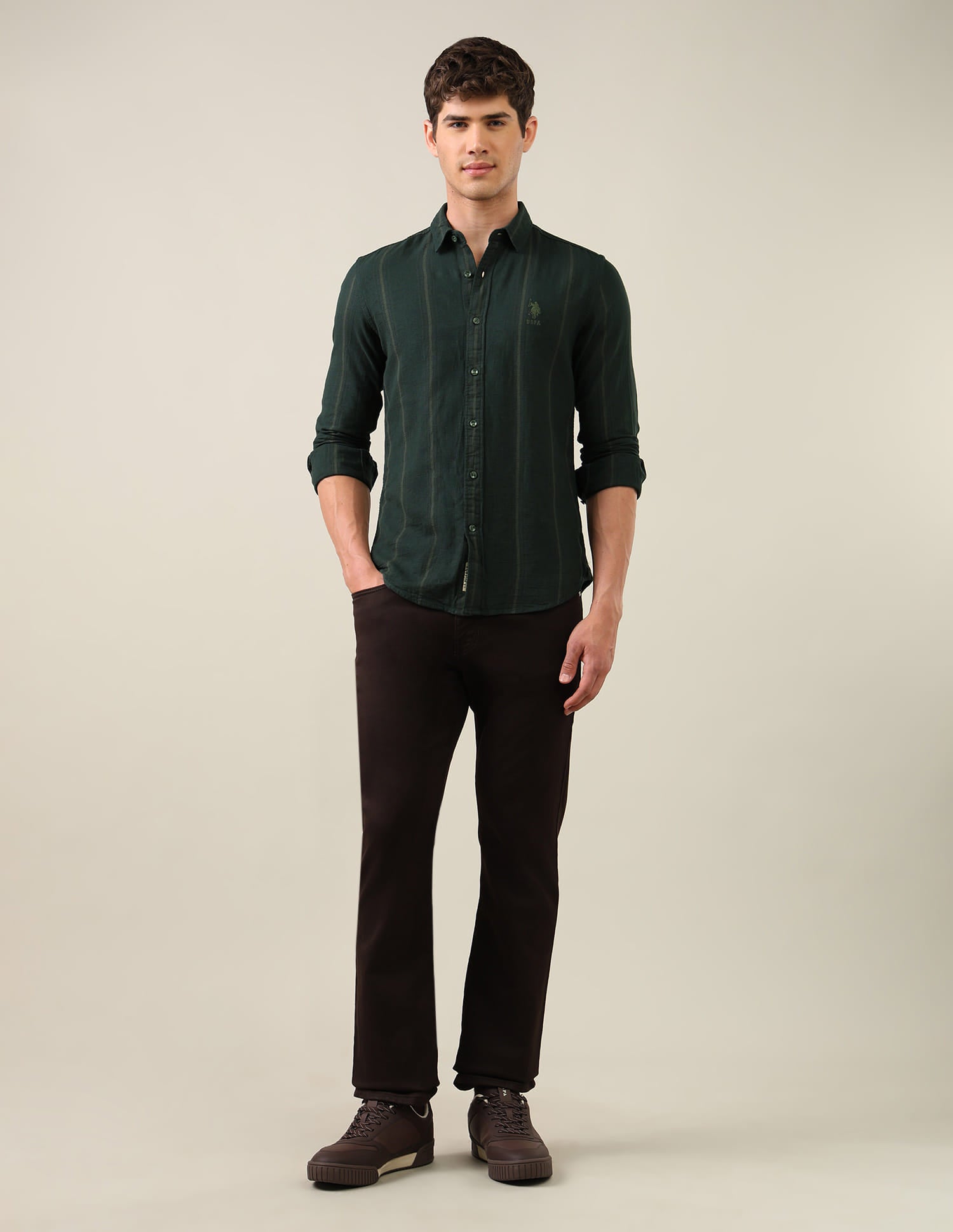 Vertical Striped Regular Fit Shirt Green - U.S. Polo Assn. India | Large